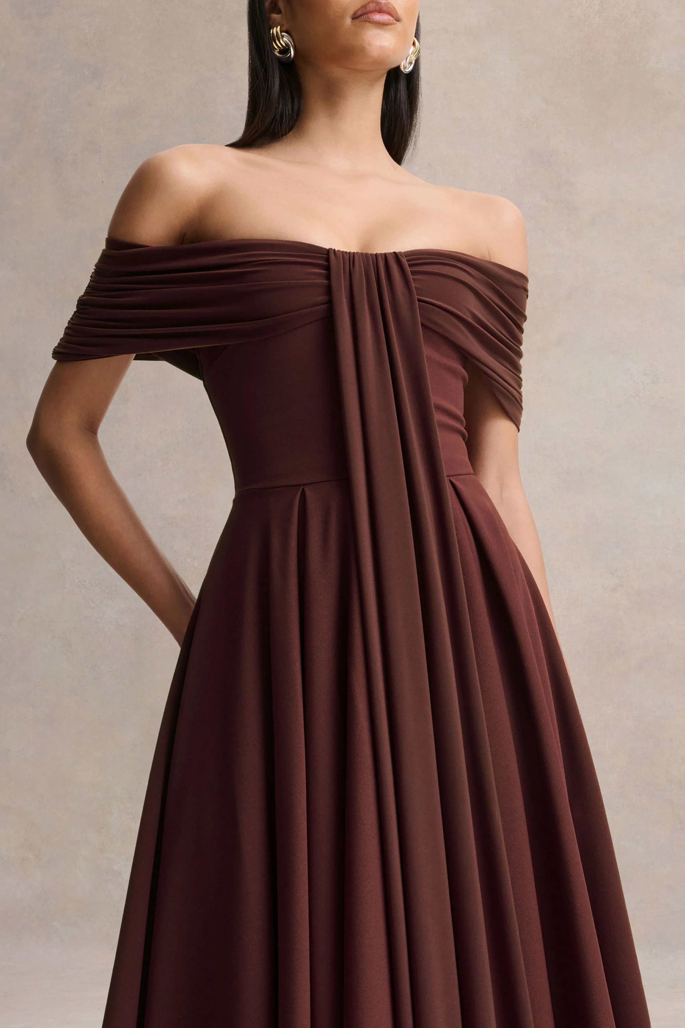 Dearest | Brown Bardot-Neck Midi Dress