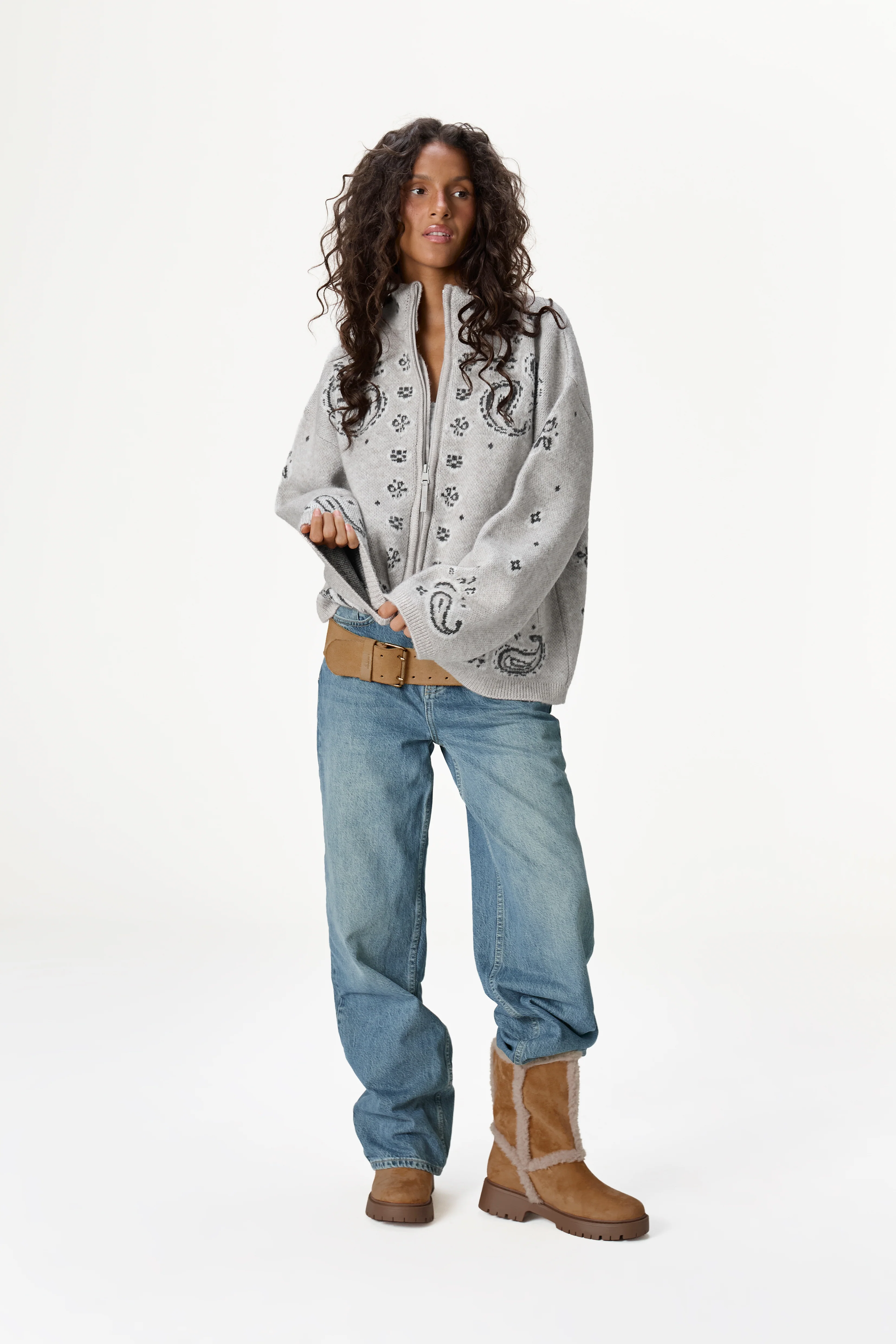Buffy Paisley Knit Zip Up in Light Grey