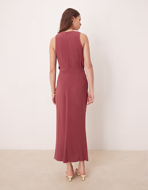 linen twist shoulder detail midi dress with ruching in apple butter