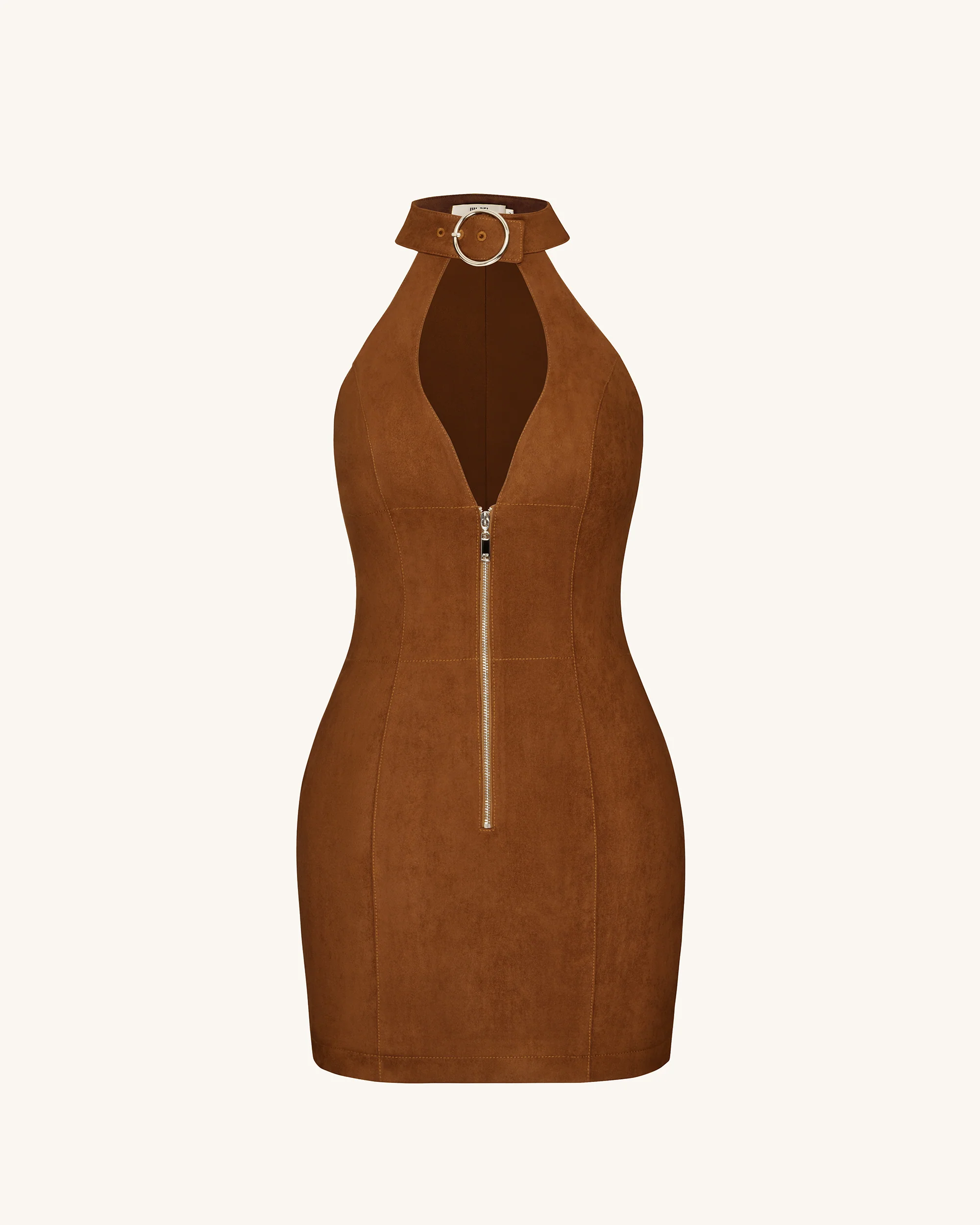 Ruby Halter Neck Zipper Mini Dress - Brown - FASHION NOB