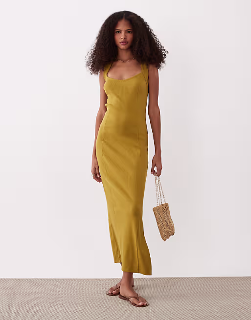 scoop front racer seam detail midi dress in golden green