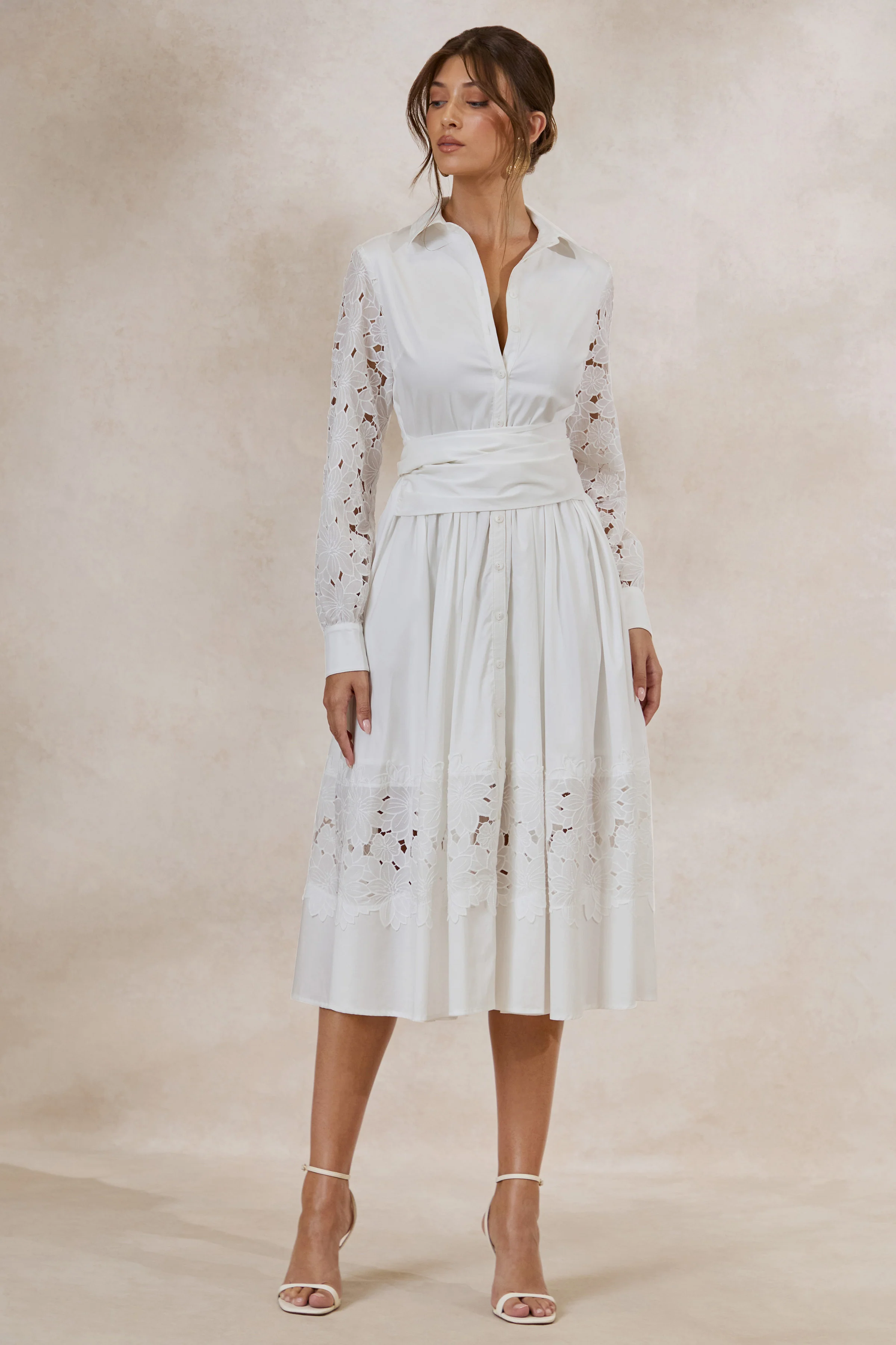 Zalynne | White Broderie Collared-Neck Midi Dress
