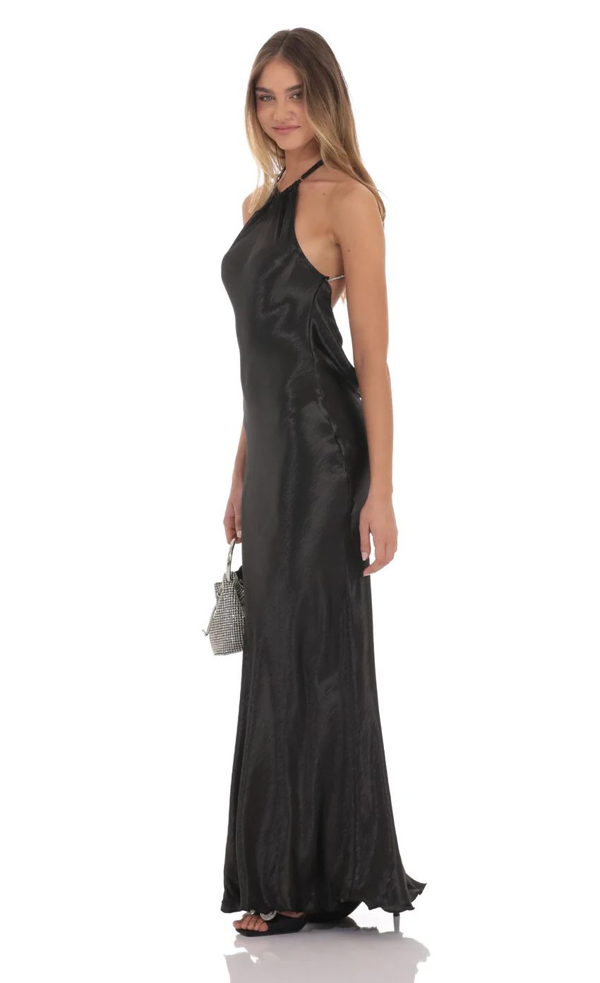 Rhinestone Satin Open Back Maxi Dress in Black - luluinthesky