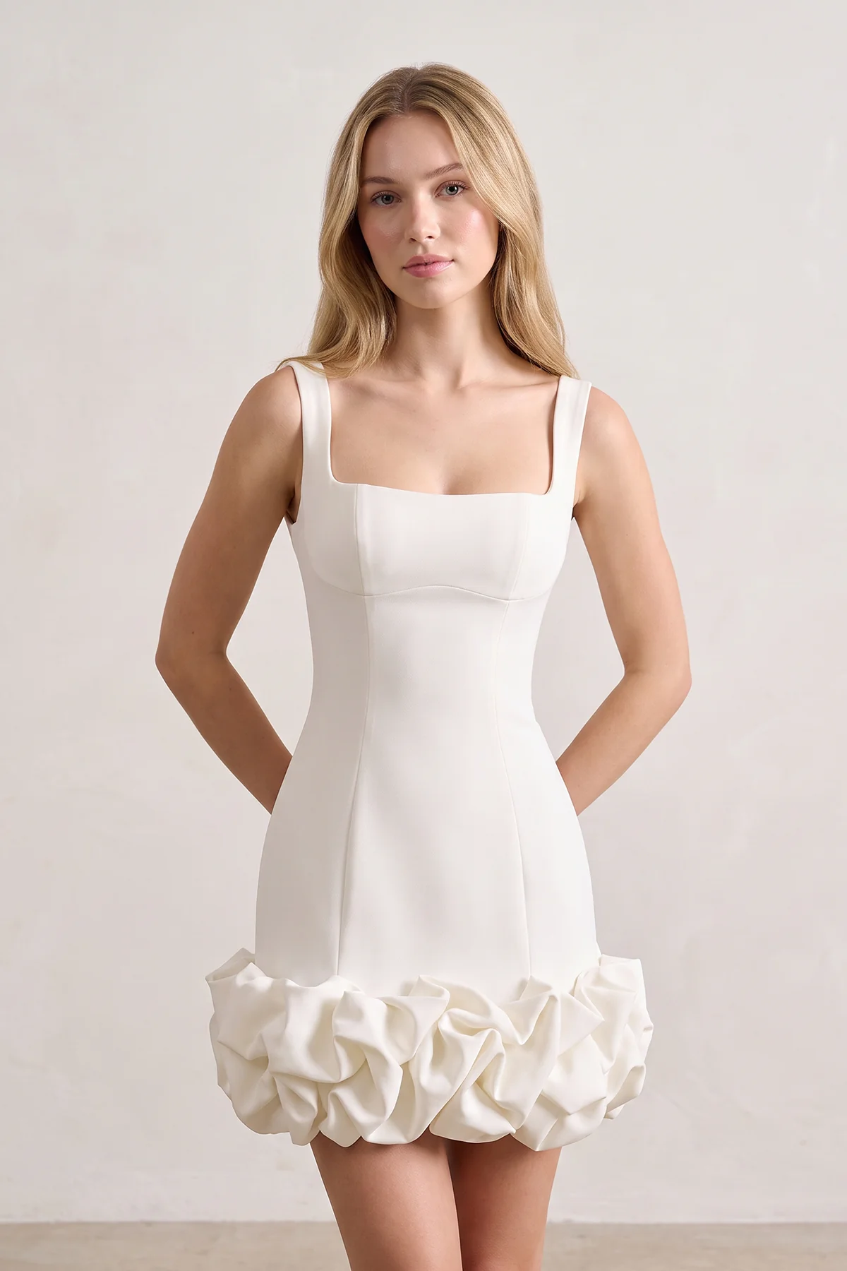 Ruched Ivory Spandex Mini Dress With Ruffles