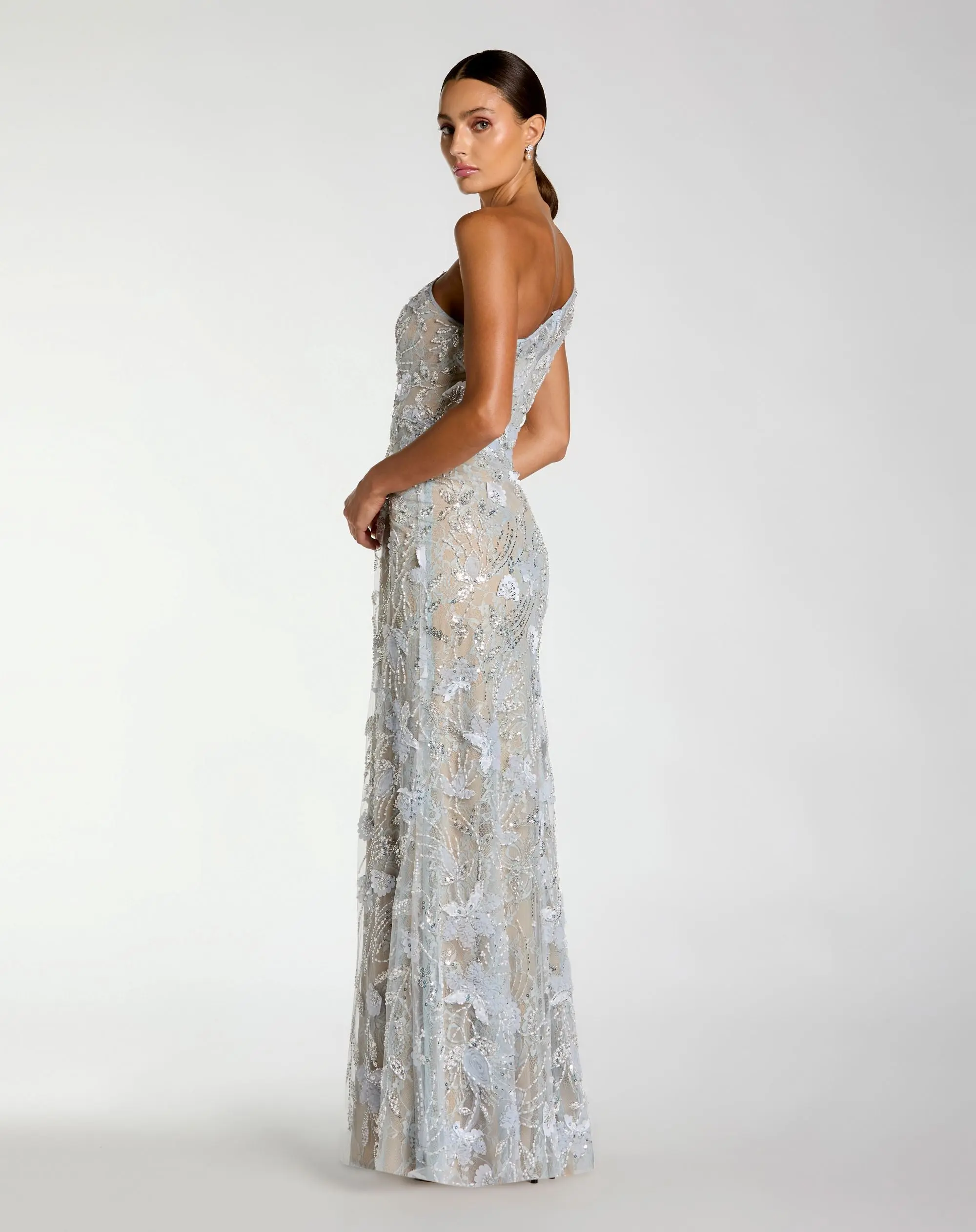 Blue Sleeveless One Shoulder Embellished Lace Gown - FASHION NOB