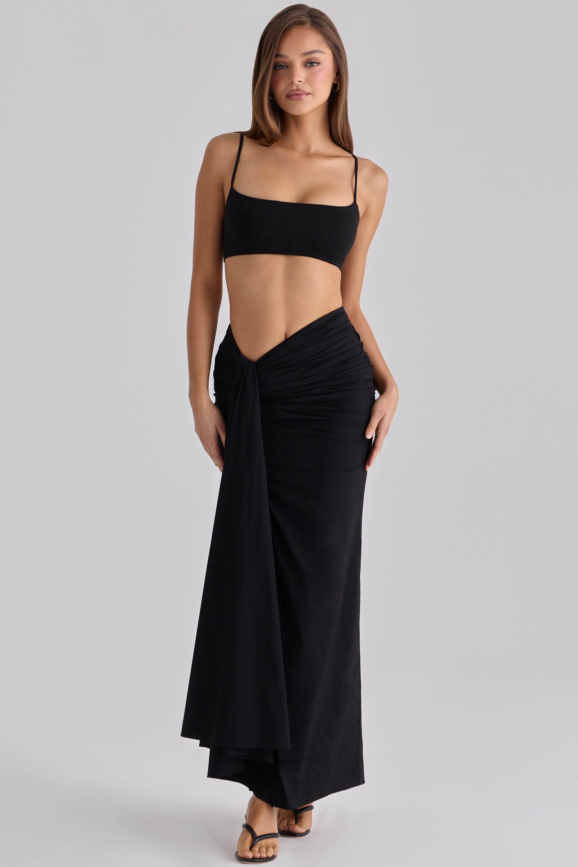 black draped cotton midi skirt