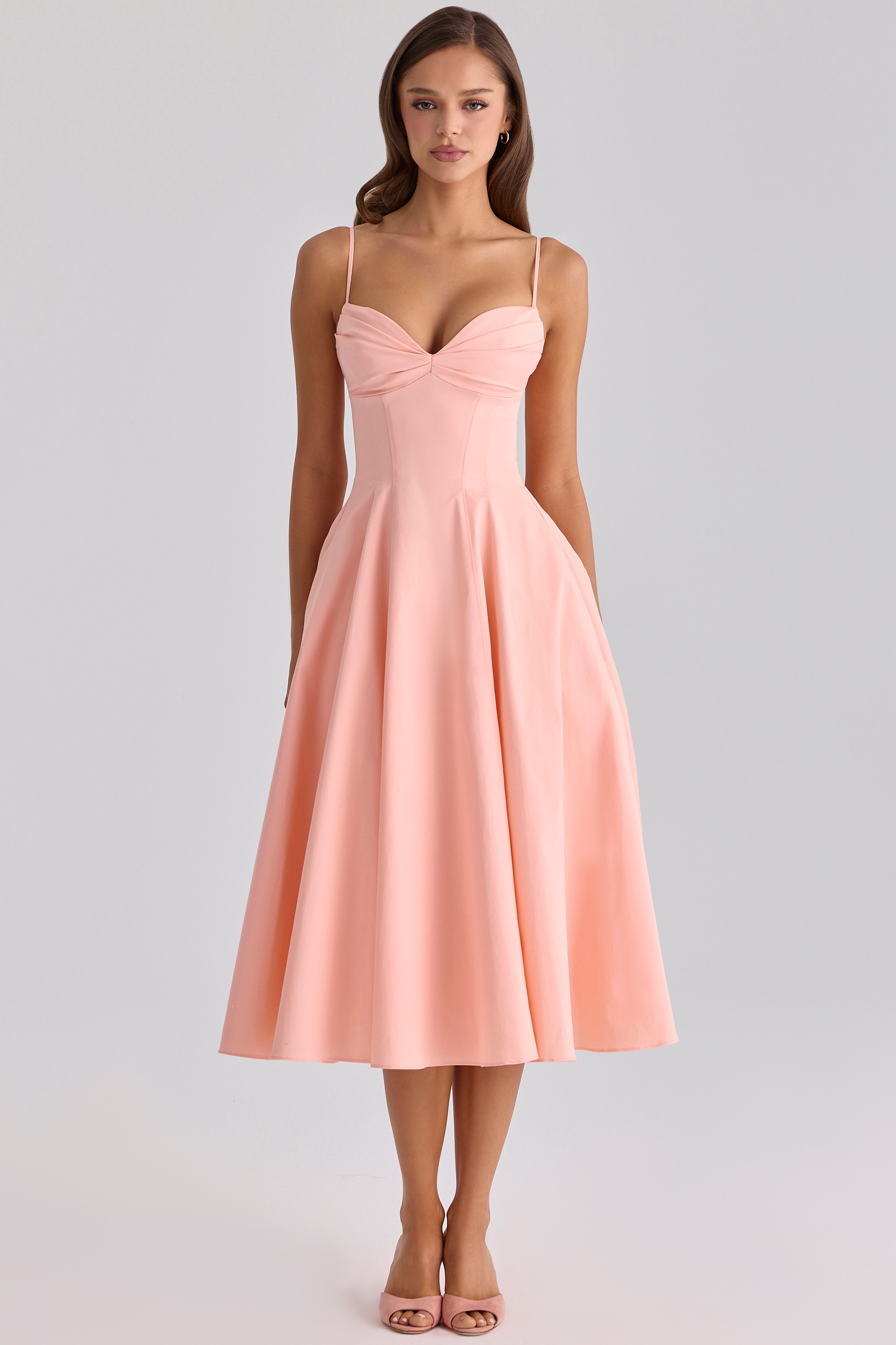 Peach Cotton Pleated Midi Sundress