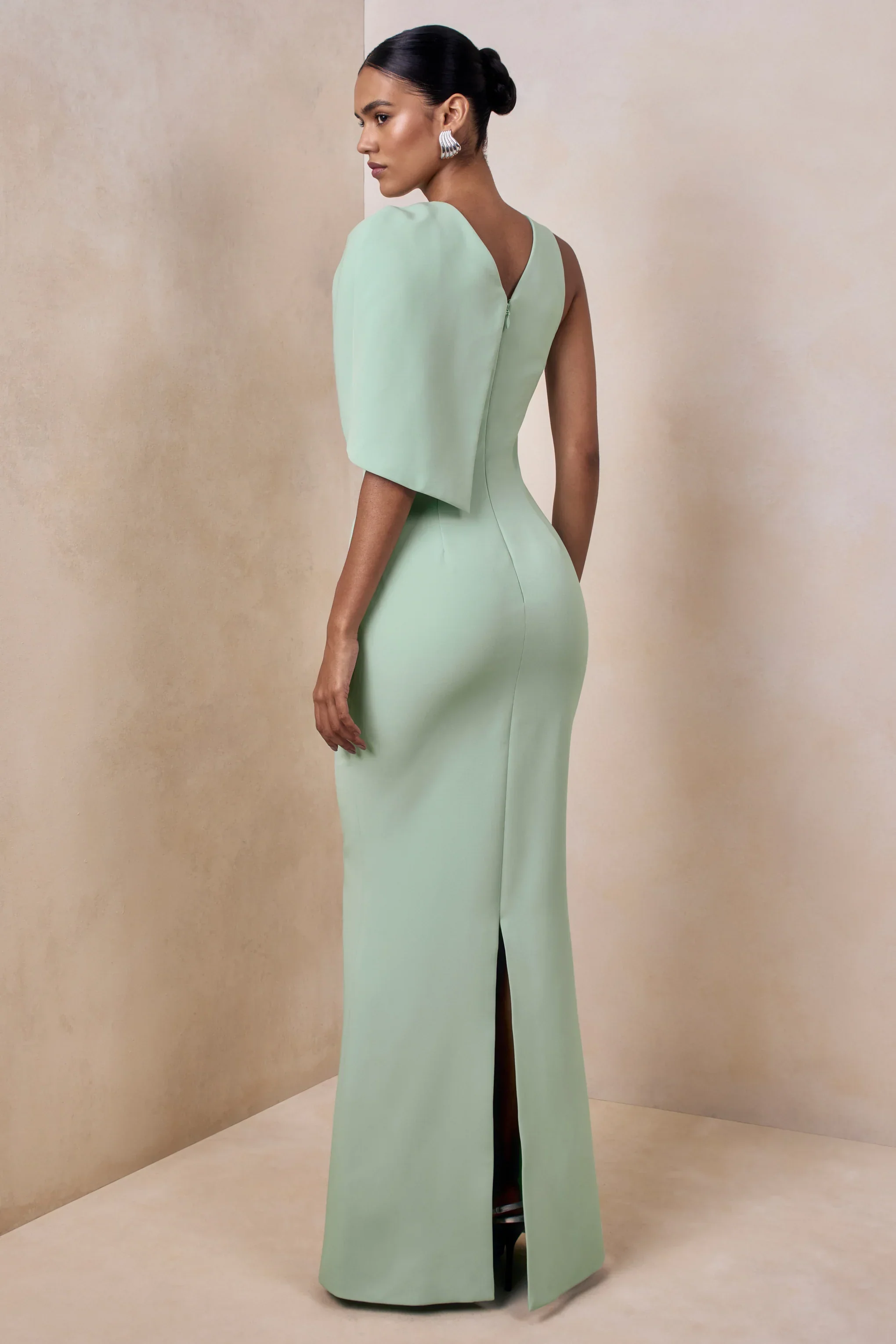 Quira | Mint Asymmetric-Neck Maxi Dress With Cape-Sleeve