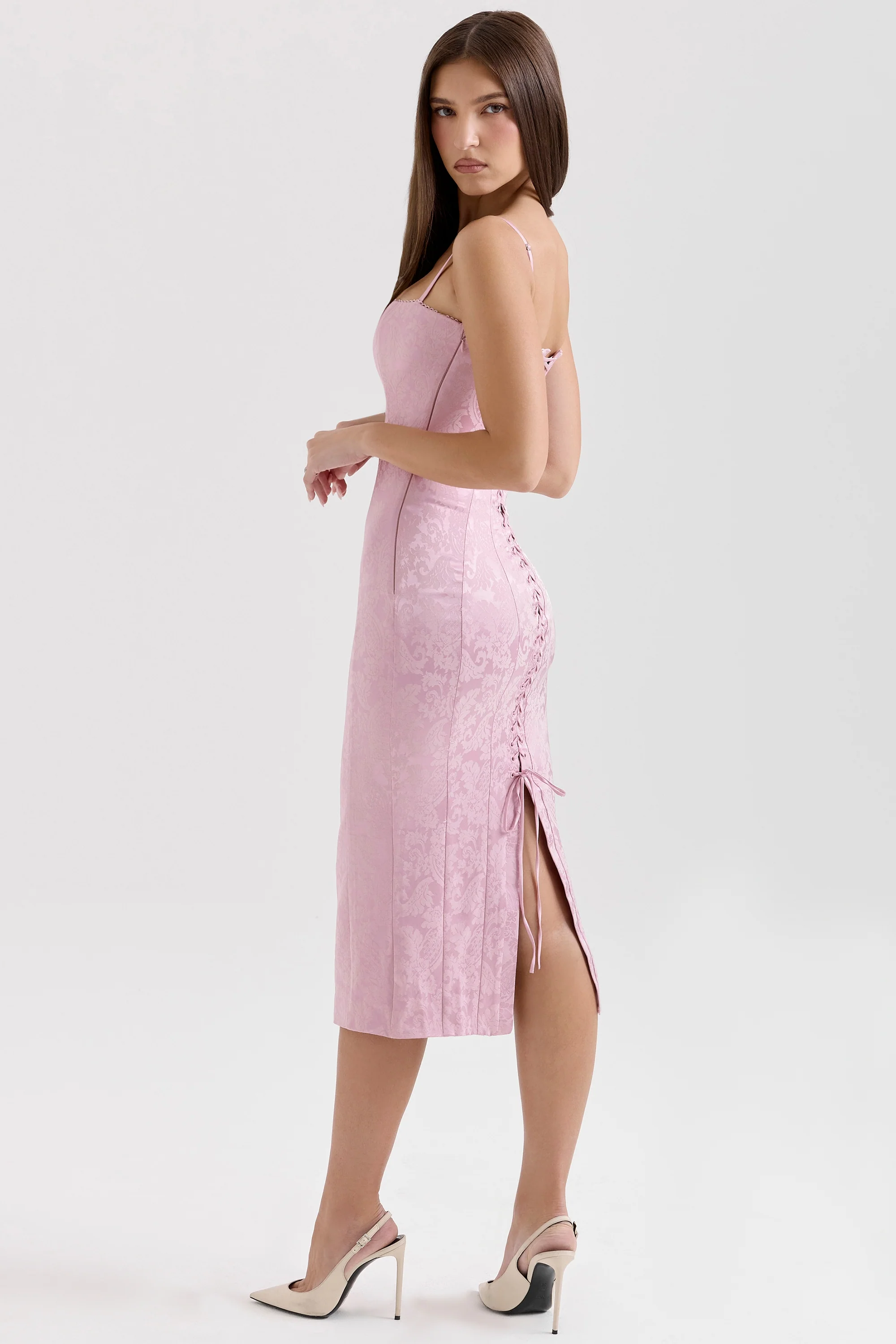 Pink Jacquard Lace Up Bodycon Midi Dress