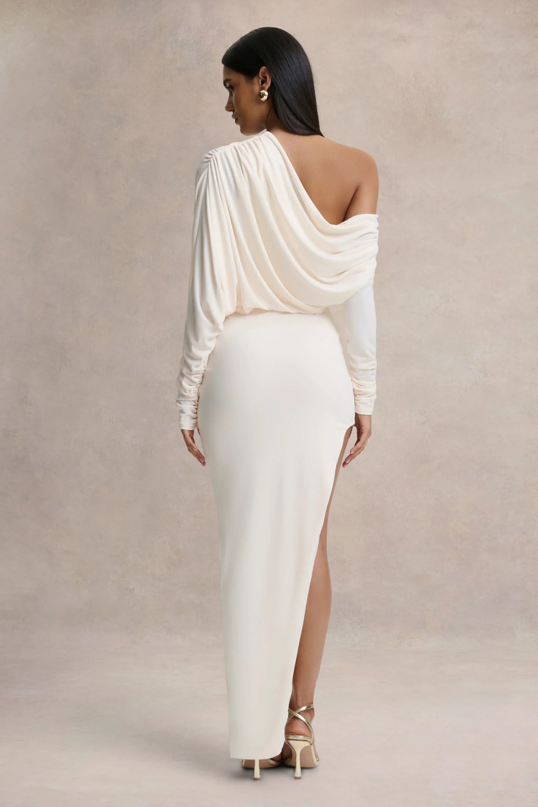 Olivia | Cream Asymmetric-Neck Maxi Dress With Ruched Detailing Asymmetric-Hem