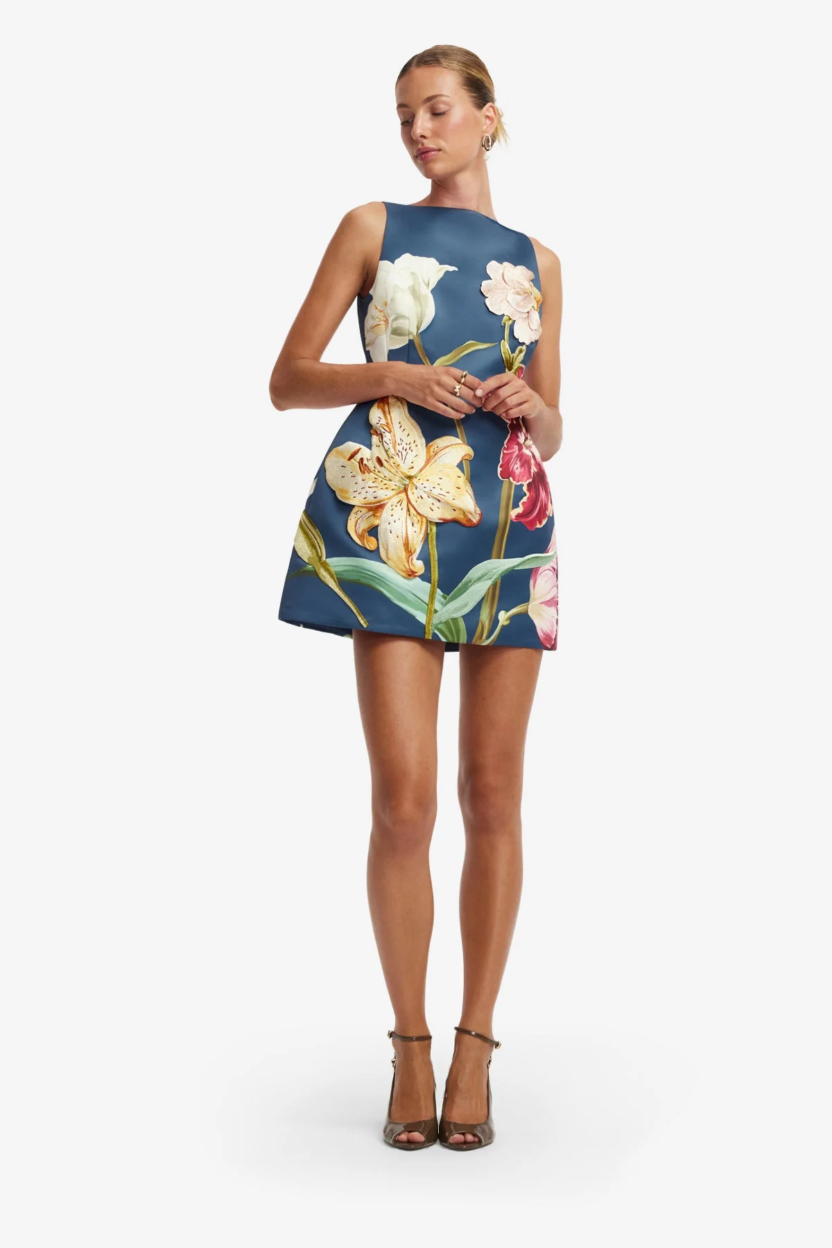 Ali Embroidered Mini Dress - Lily Print in Indigo