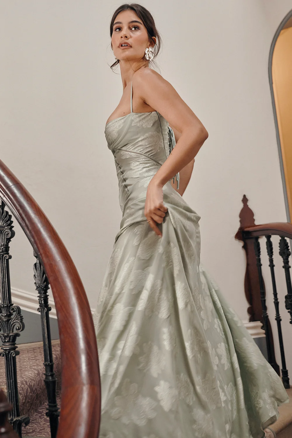 Pistachio Floral Lace Back Maxi Dress