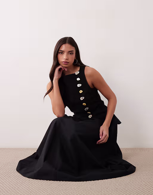 linen blend maxi vest dress with poplin skirt in black