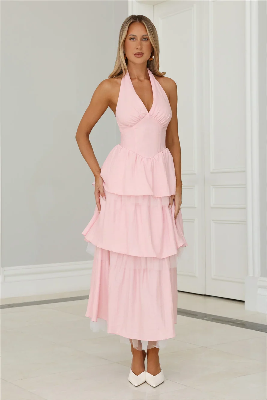 Twinkle Into Night Tulle Halter Maxi Dress Pink