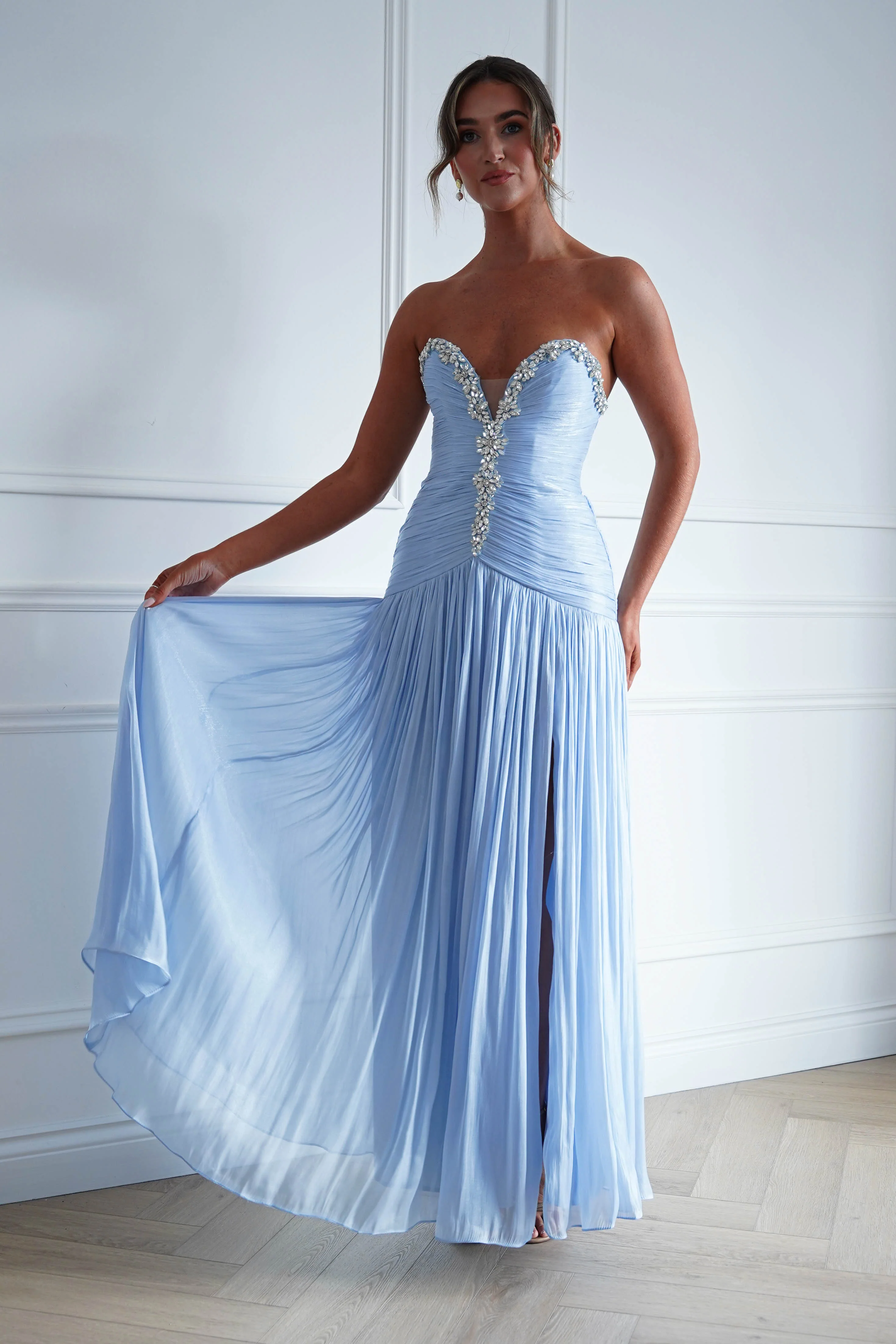 Estella Diamante Trim Ruched Maxi Gown | Blue