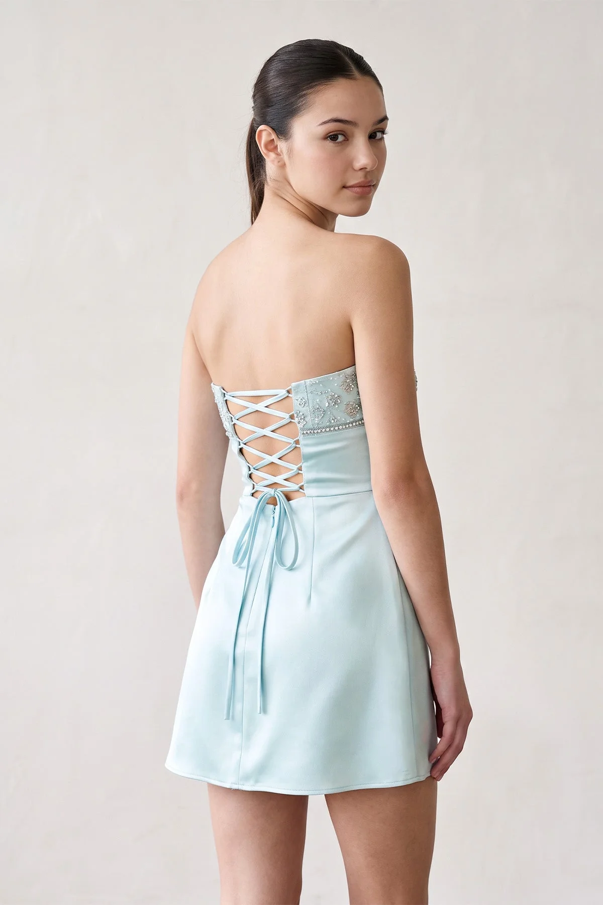 Aqua Strapless Appliqued Satin Sheath Homecoming Dress