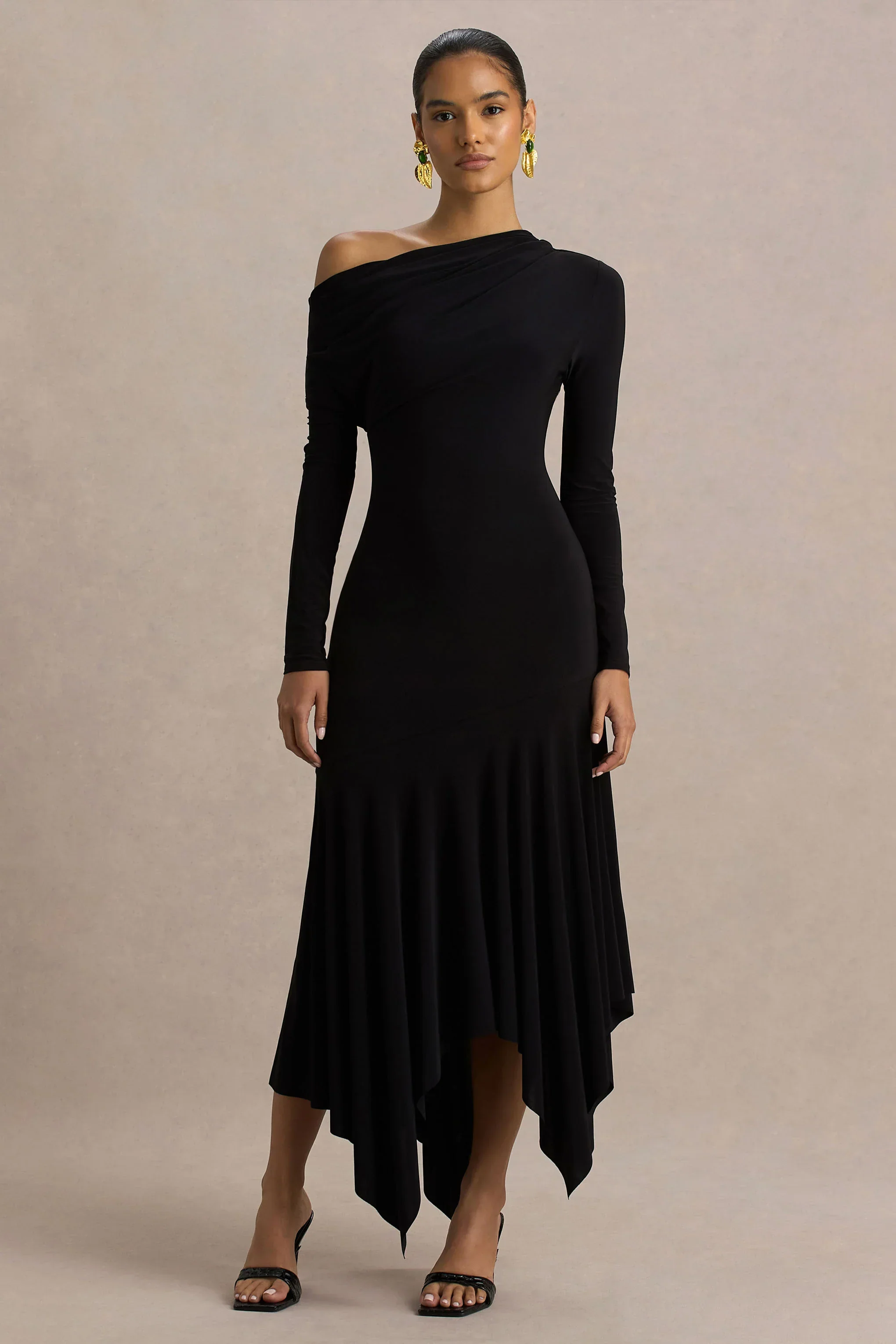 Isola | Black Asymmetric-Neck Midi Dress With Hanky-Hem