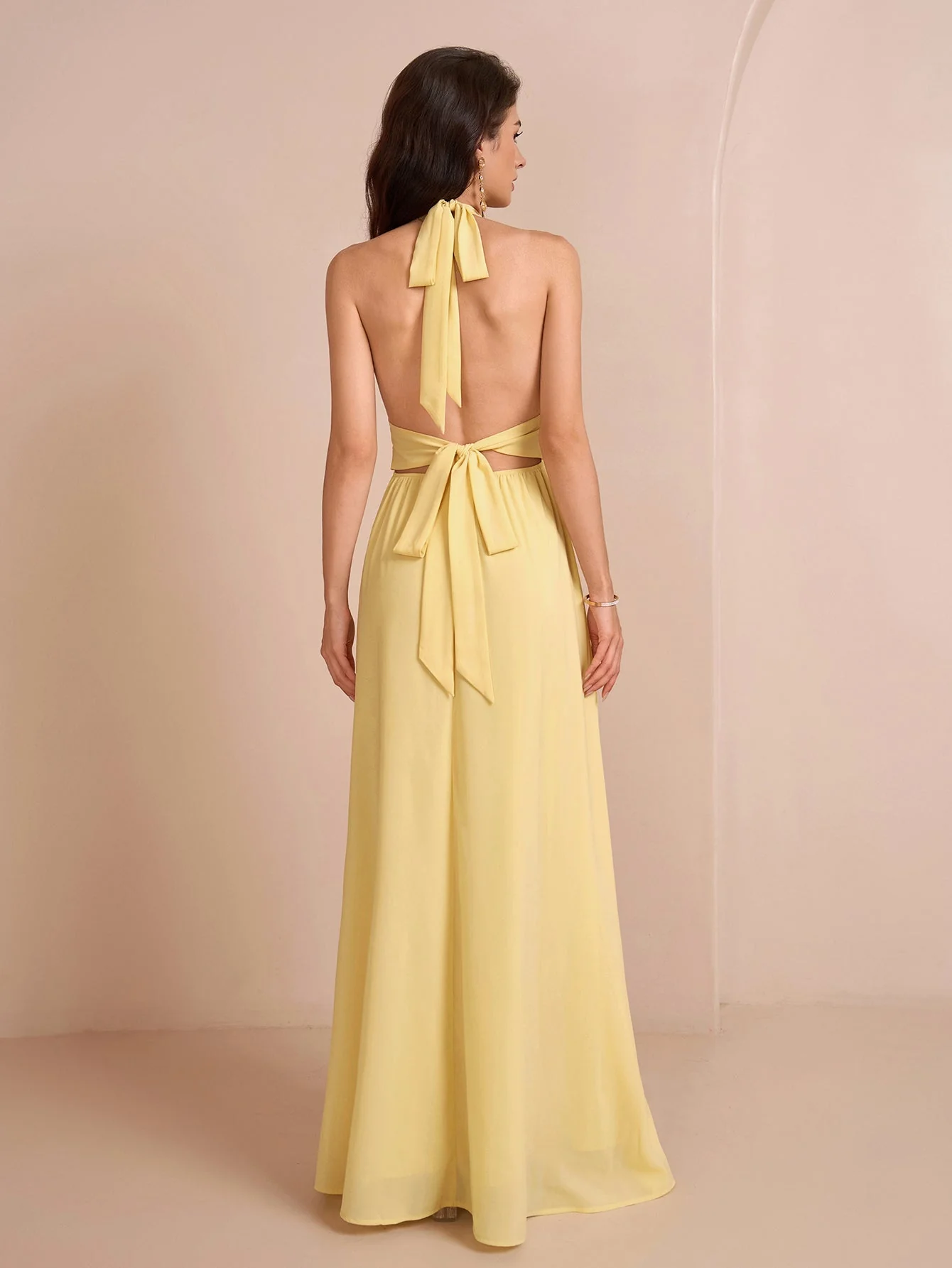 Deep V-Neck Halter Bow Tie Back Split Thigh Long Dress