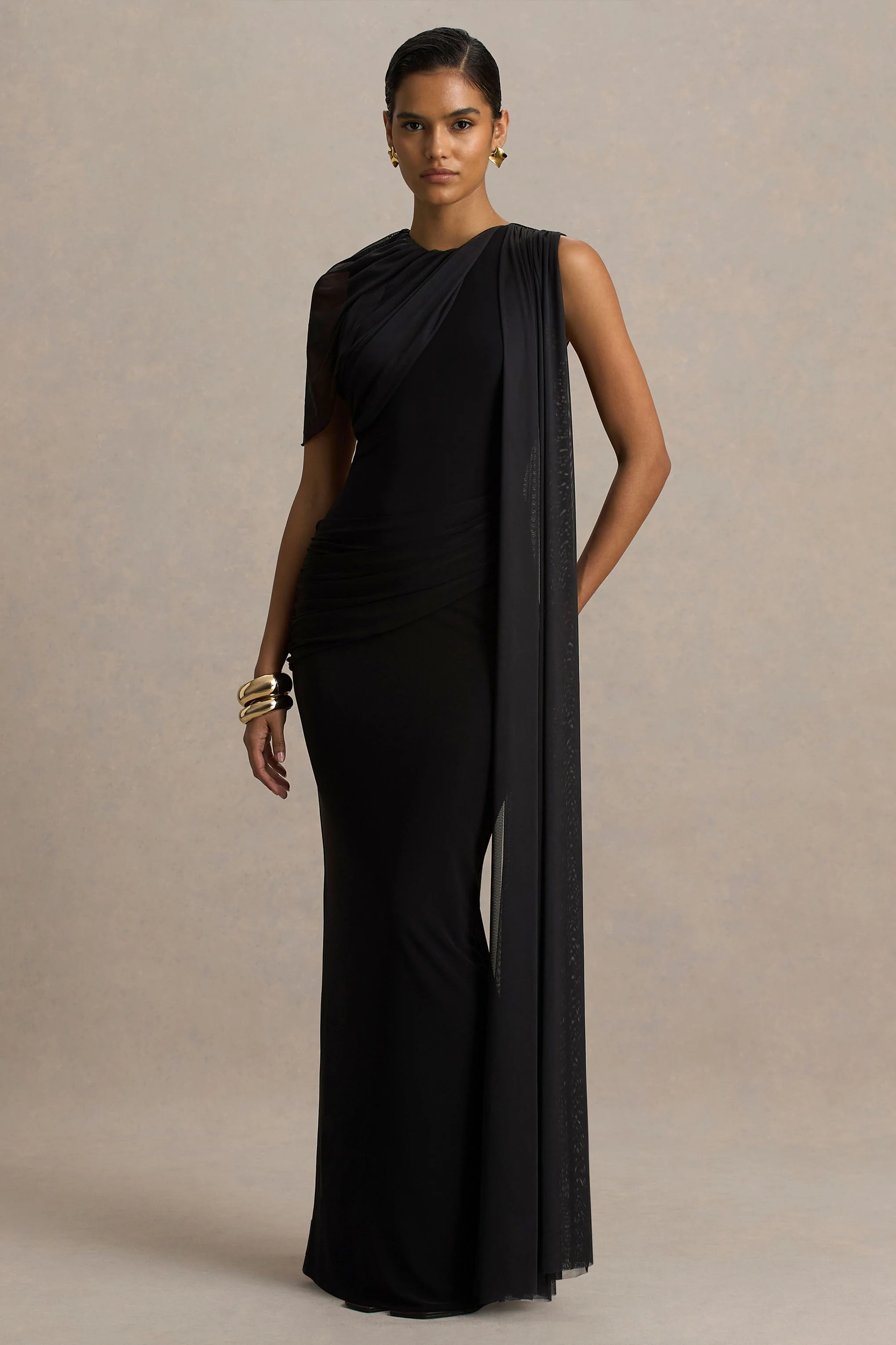 Brenda | Black Crew-Neck Maxi Dress With Mesh Cape And Sash