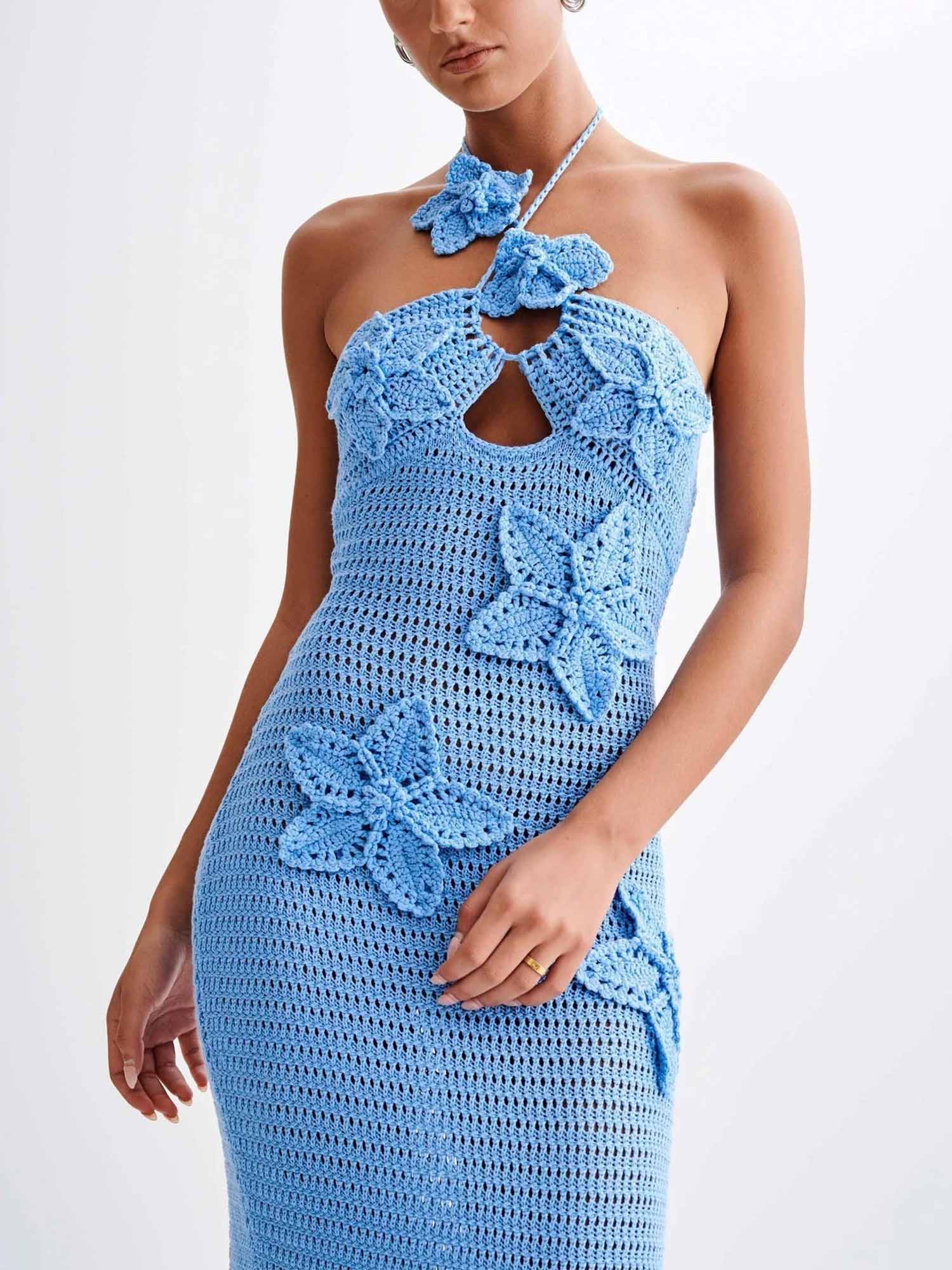 Blue Crochet Halter Maxi Dress