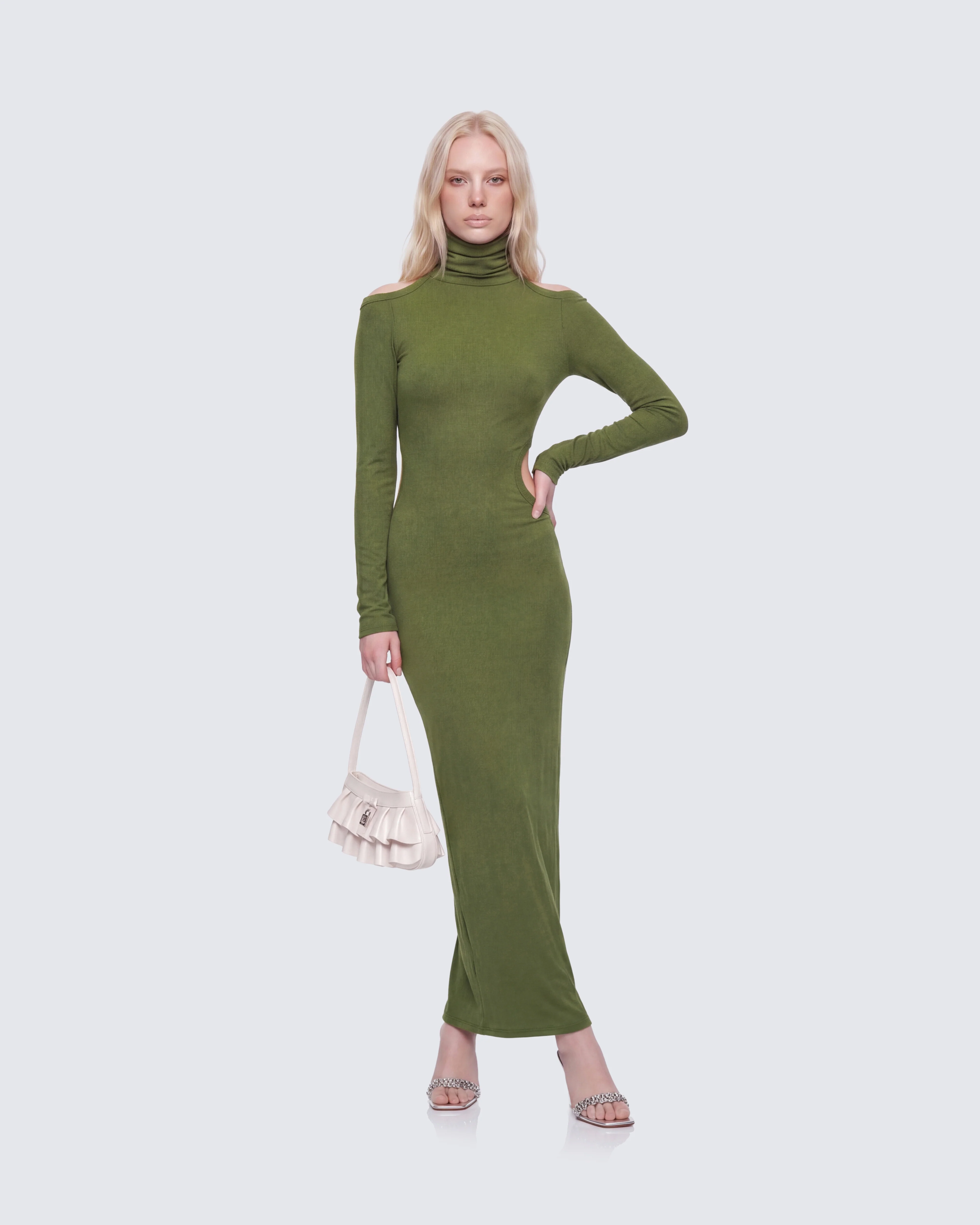 Aiko Olive Ribbed Cutout Maxi Dress