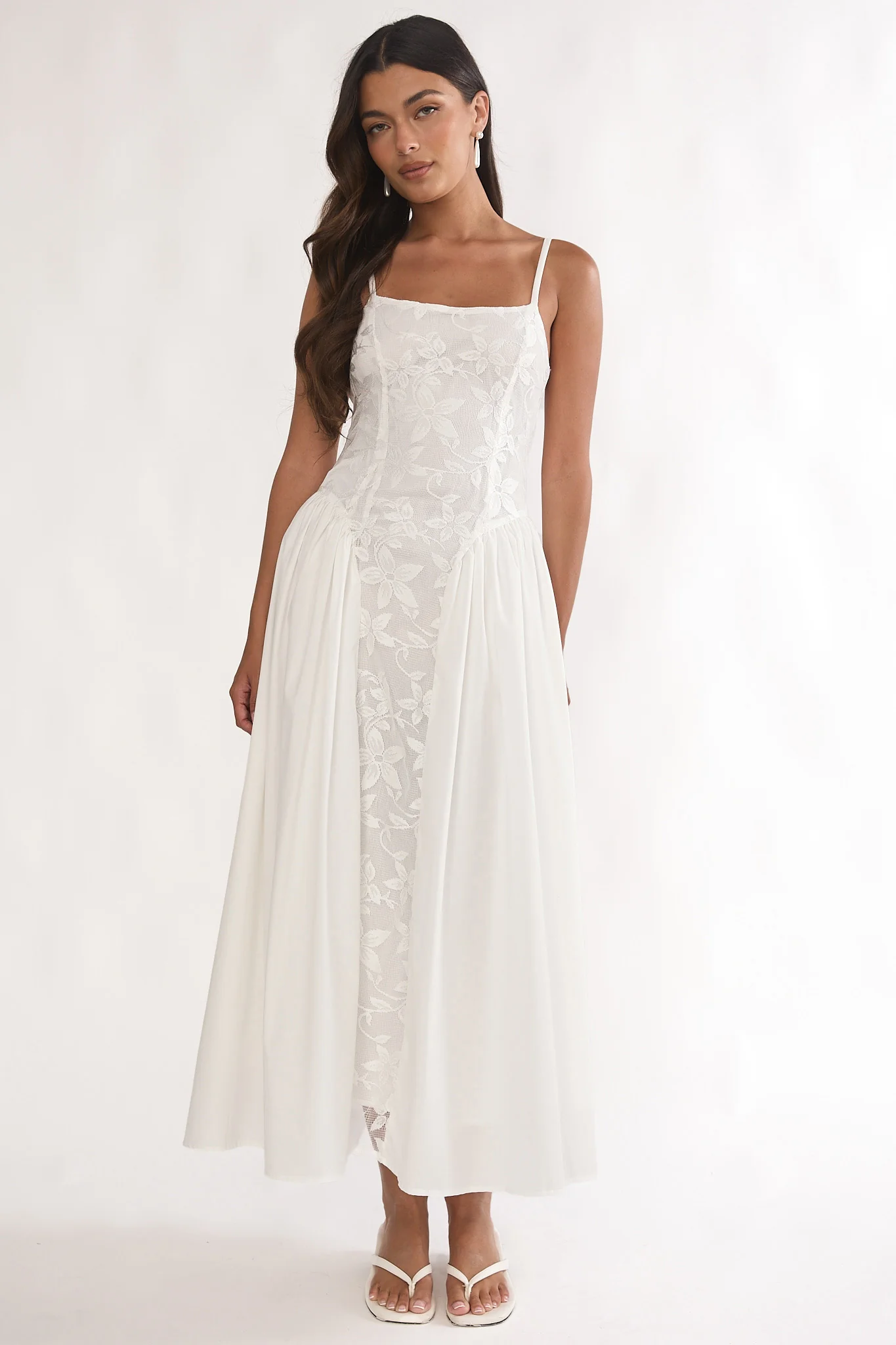 Seluna Gathered Waist Maxi Dress Embroidered Cream