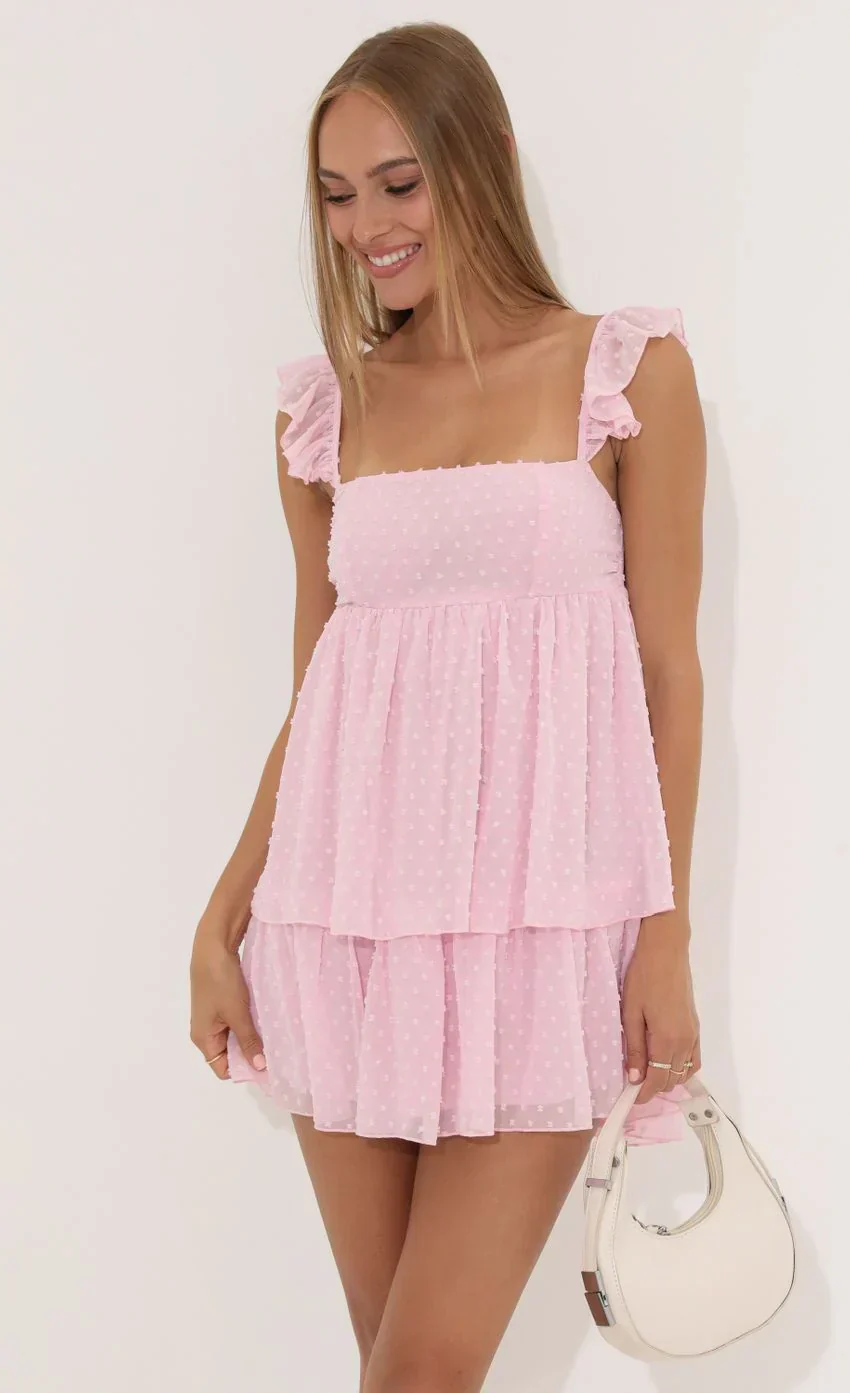 Dotted Chiffon Ruffle Dress In Pink
