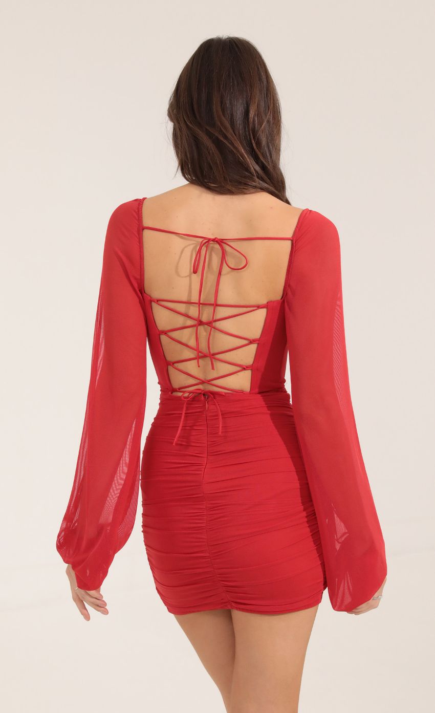 Mesh Long Sleeve Dress in Red