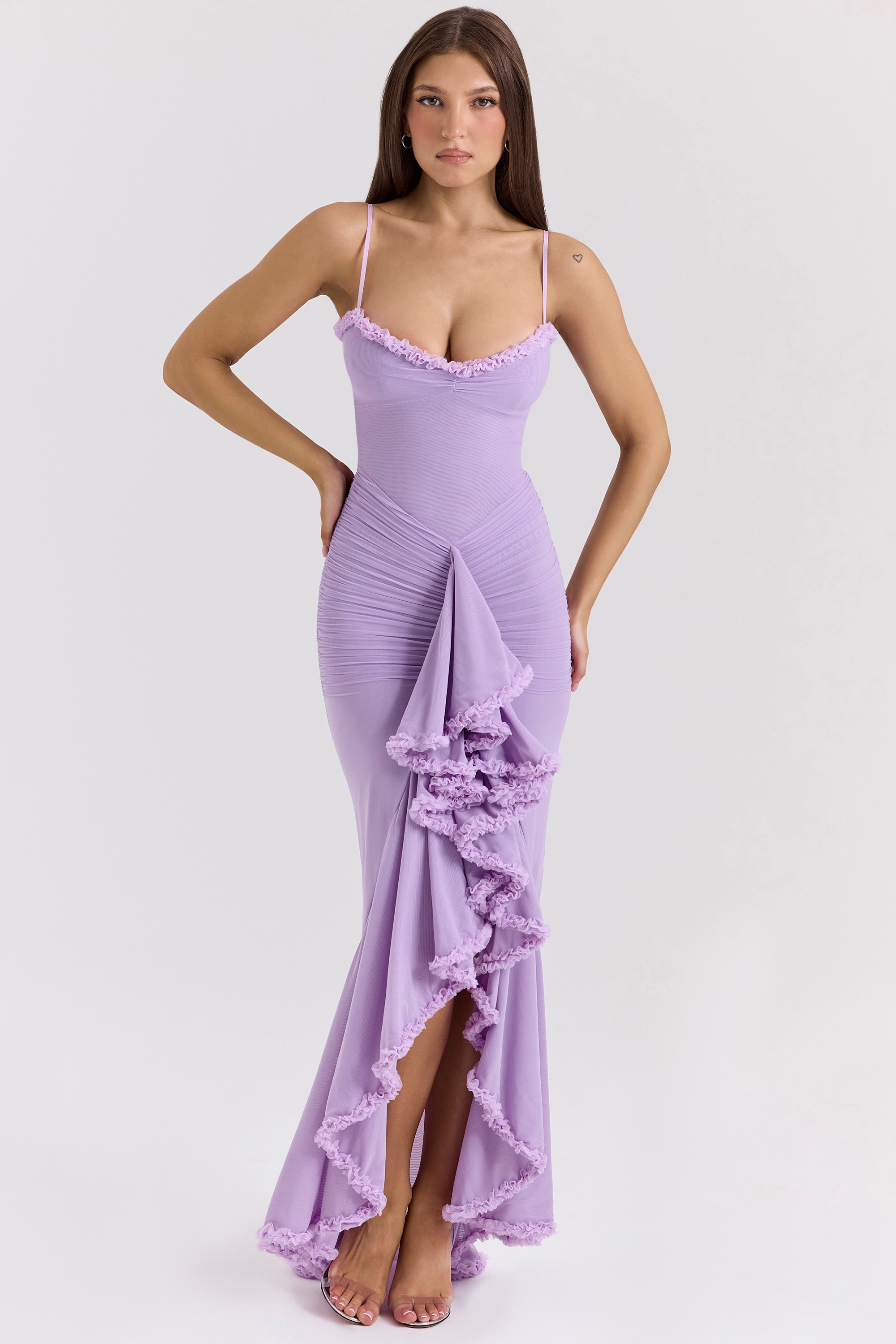 orchid mesh ruffled front gown