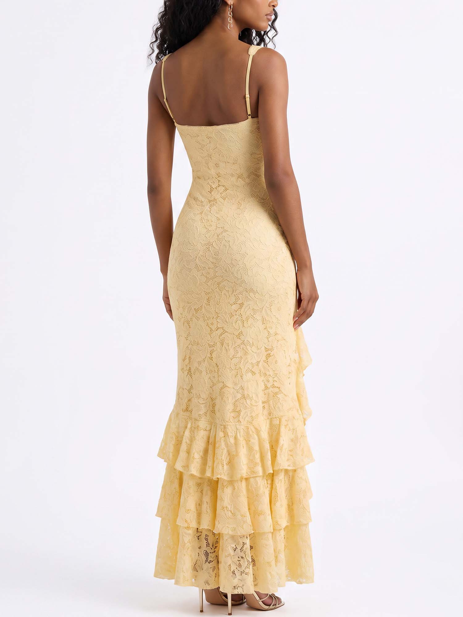 Golden Ruffle Lace Midi Dress