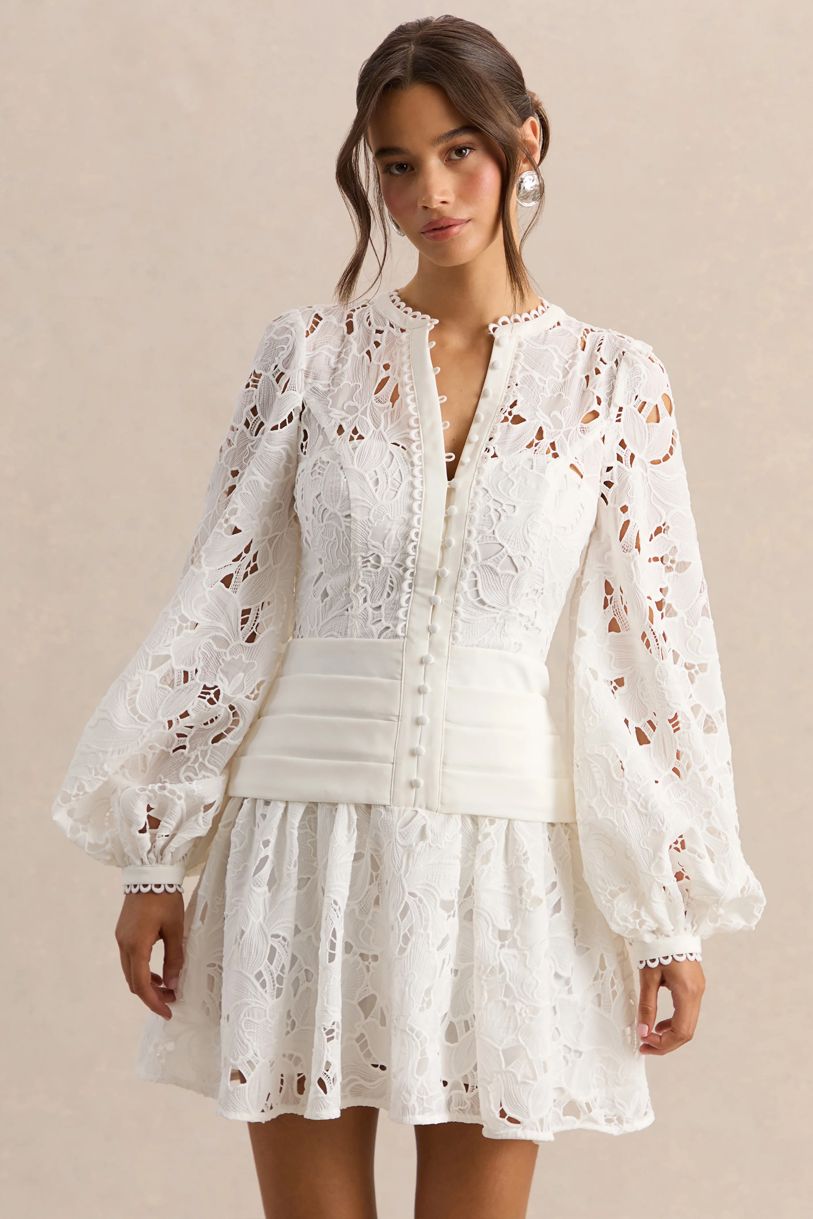 Helena | White Crew-Neck Mini Dress With Puff-Sleeves and Pleated Skirt