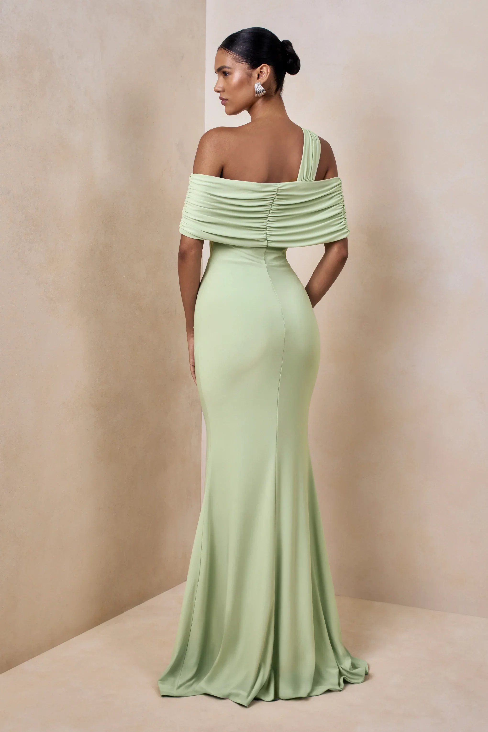 Nala | Mint Asymmetric-Neck Maxi Dress With Gathered Detailing