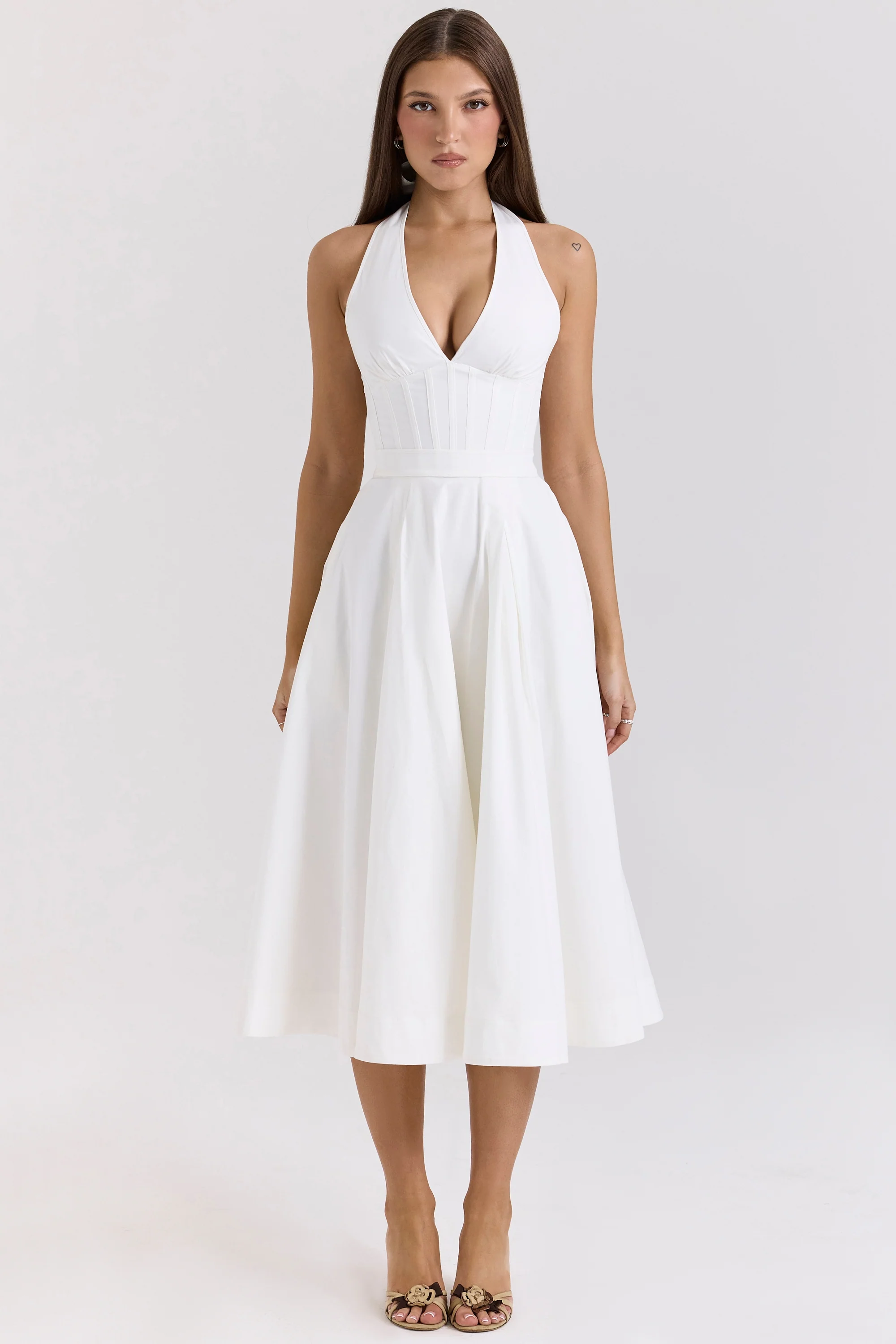 White Stretch Cotton Halter Midi Sundress
