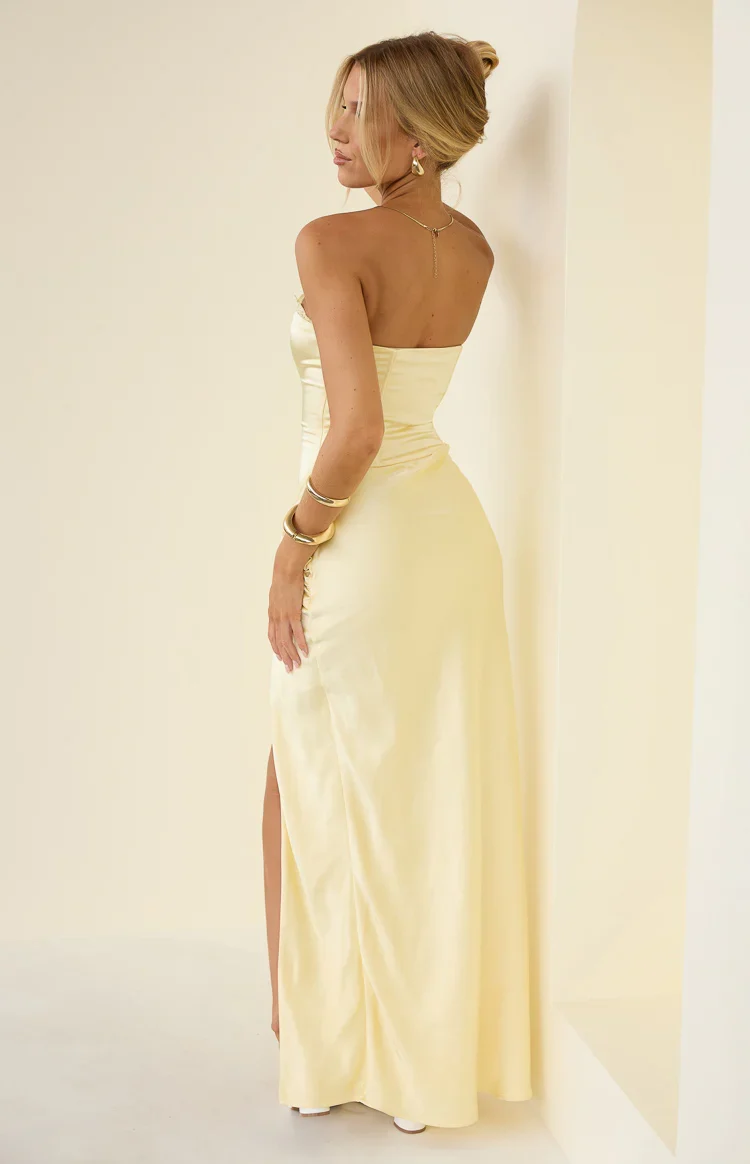 Sasha Yellow Ruched Twist Satin Maxi Dress