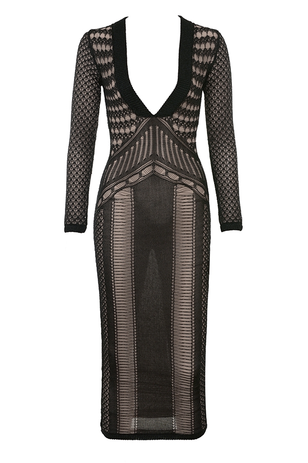Black Plunge Open Knit Midi Dress