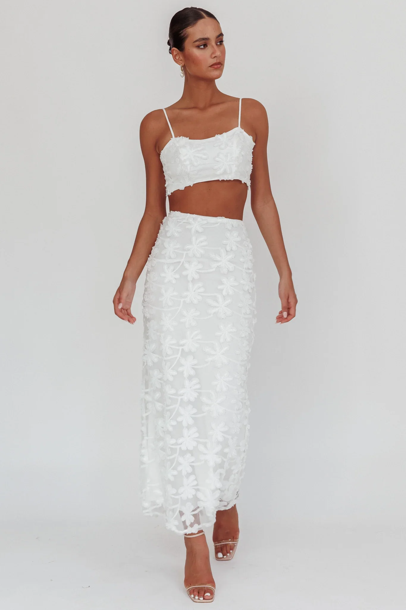 Casi Palm Tree Embroidered Maxi Skirt White