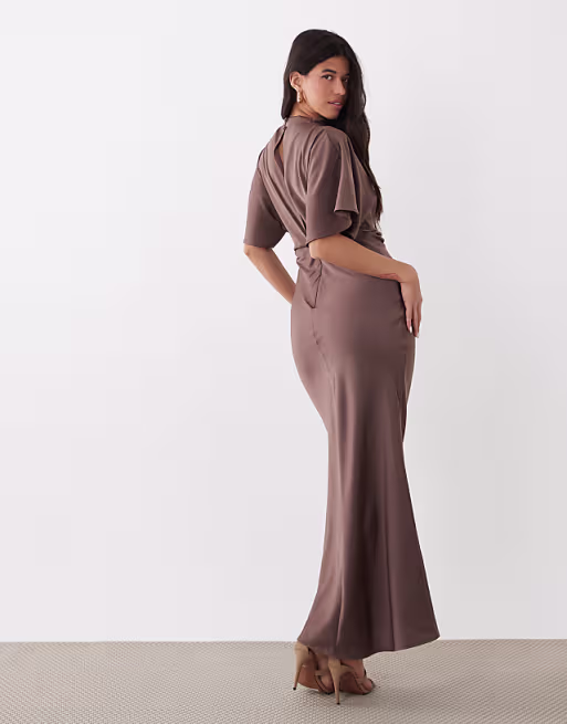 satin high neck blouson maxi dress with flutter sleeve in light brown