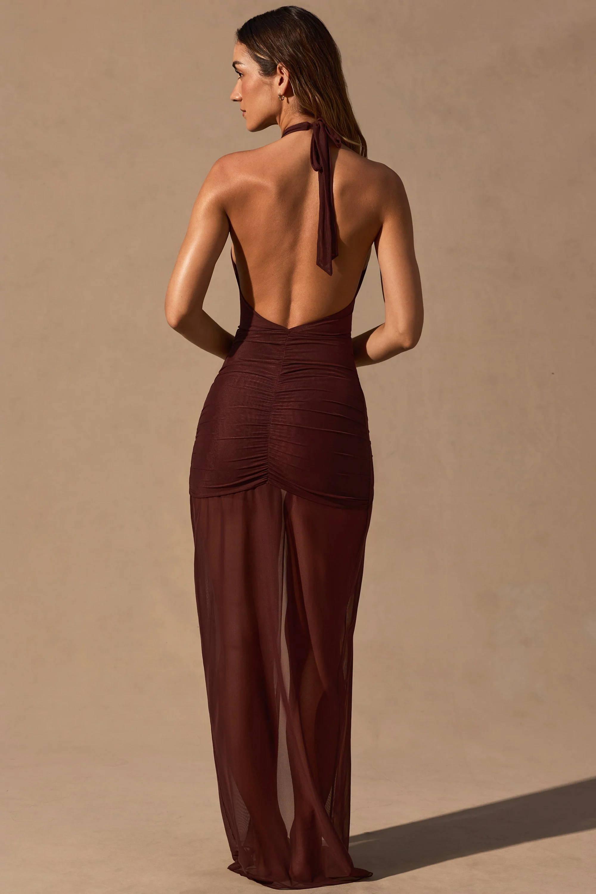 Cut-Out Halterneck Maxi Dress in Espresso Brown