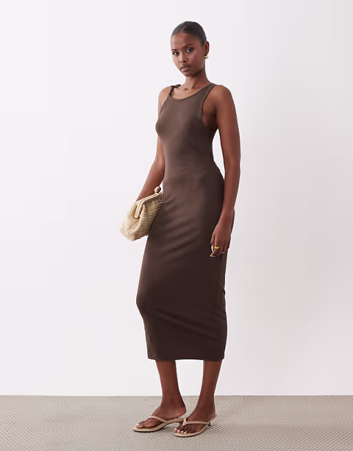 Mango twist strap jersey midi dress in brown