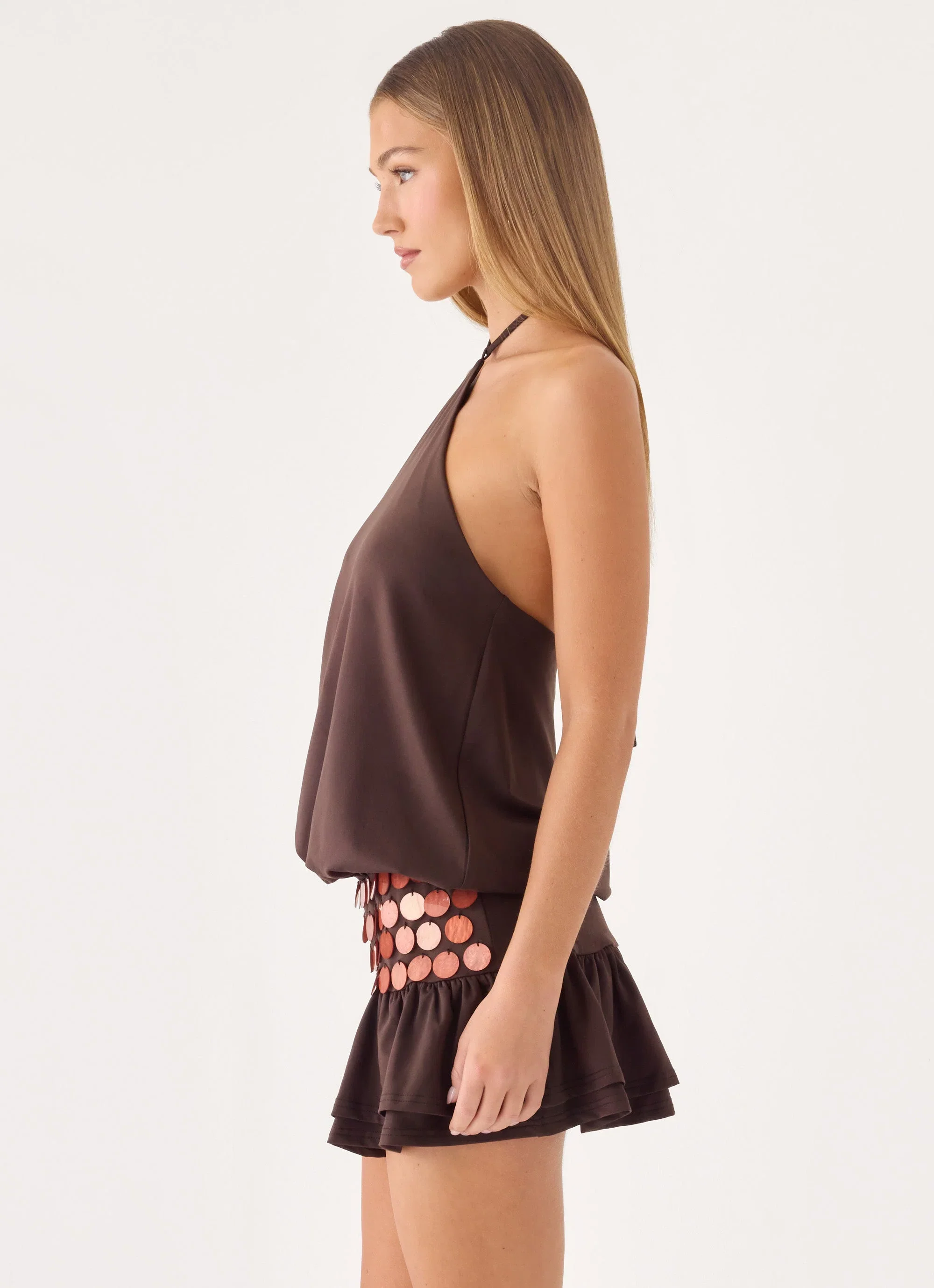 Melosa Beaded Halter Mini Dress - Chocolate