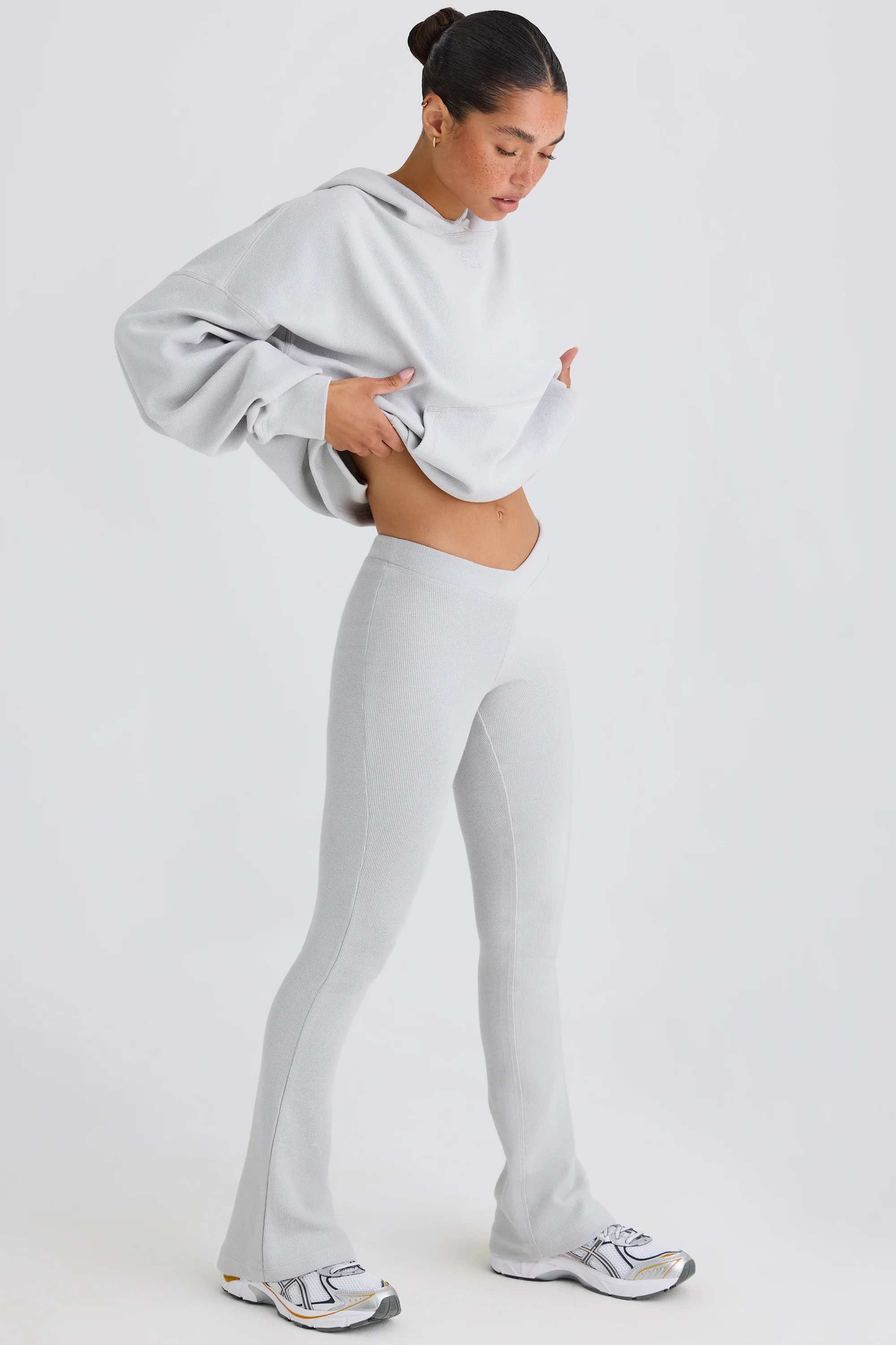 Textured Cotton Jersey Flared Trousers in Pacific Grey