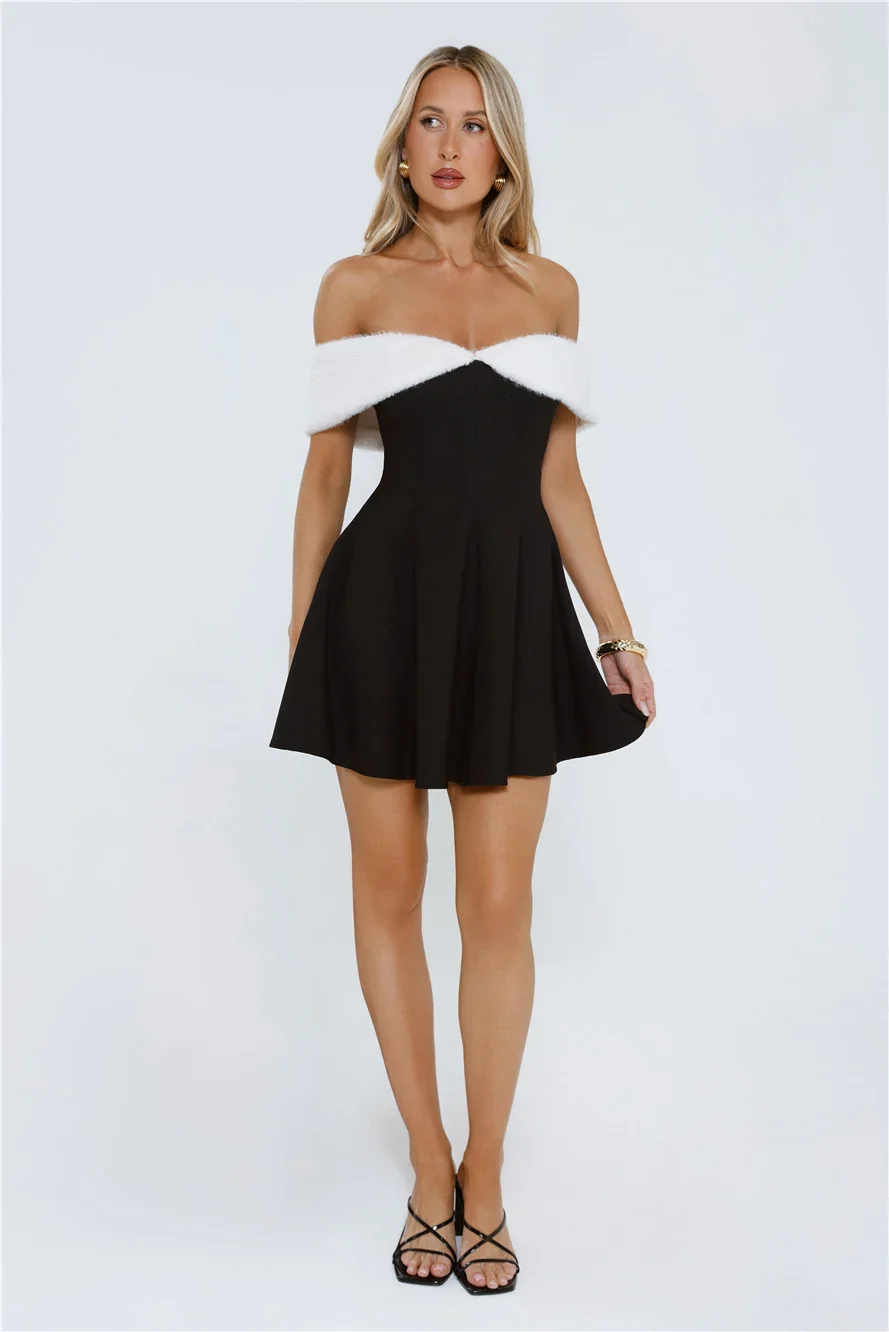 Black Tie Brilliance Off Shoulder Faux Fur Mini Dress Black