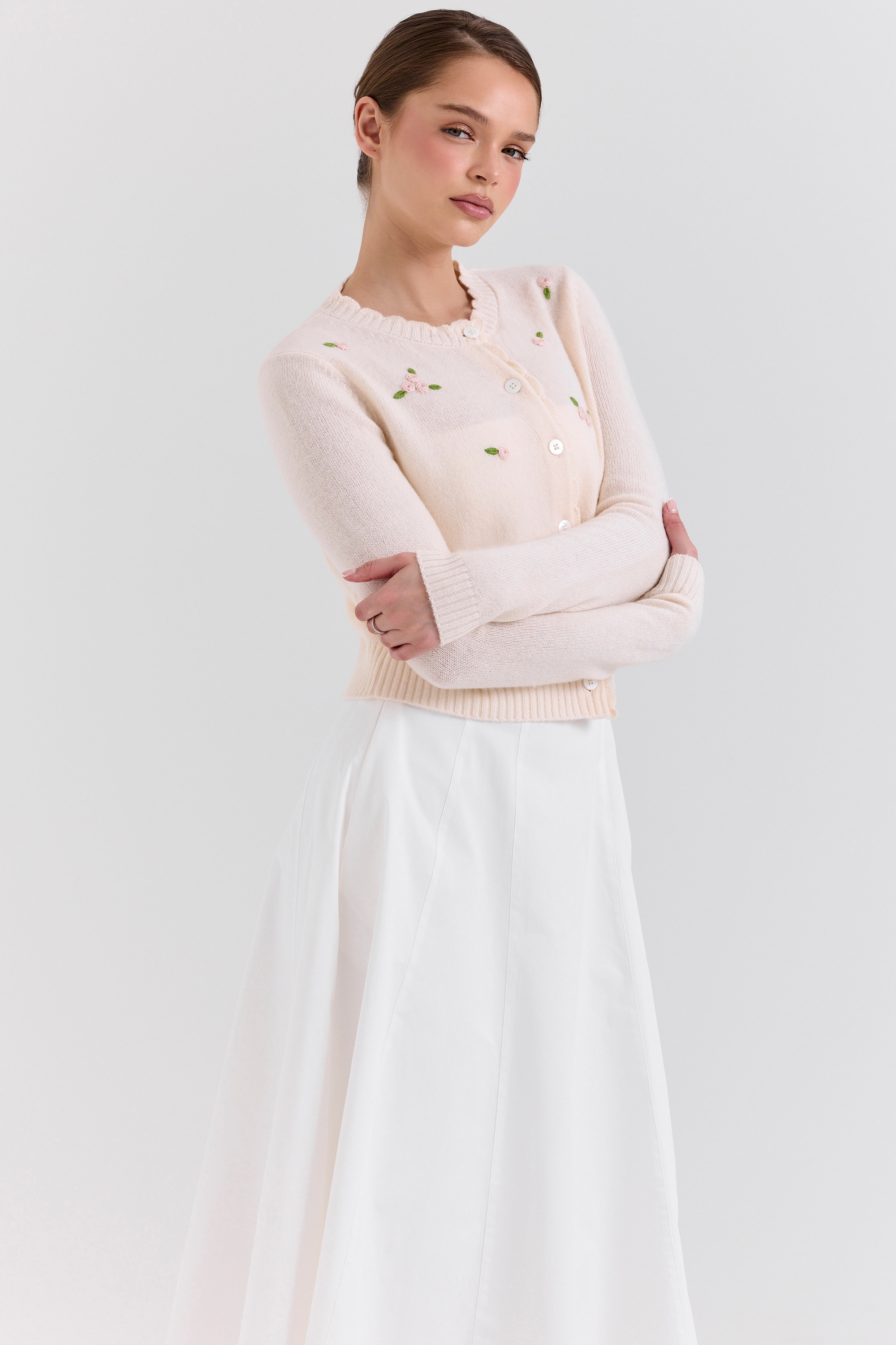 Cream Lambswool Rose Embroidered Cardigan