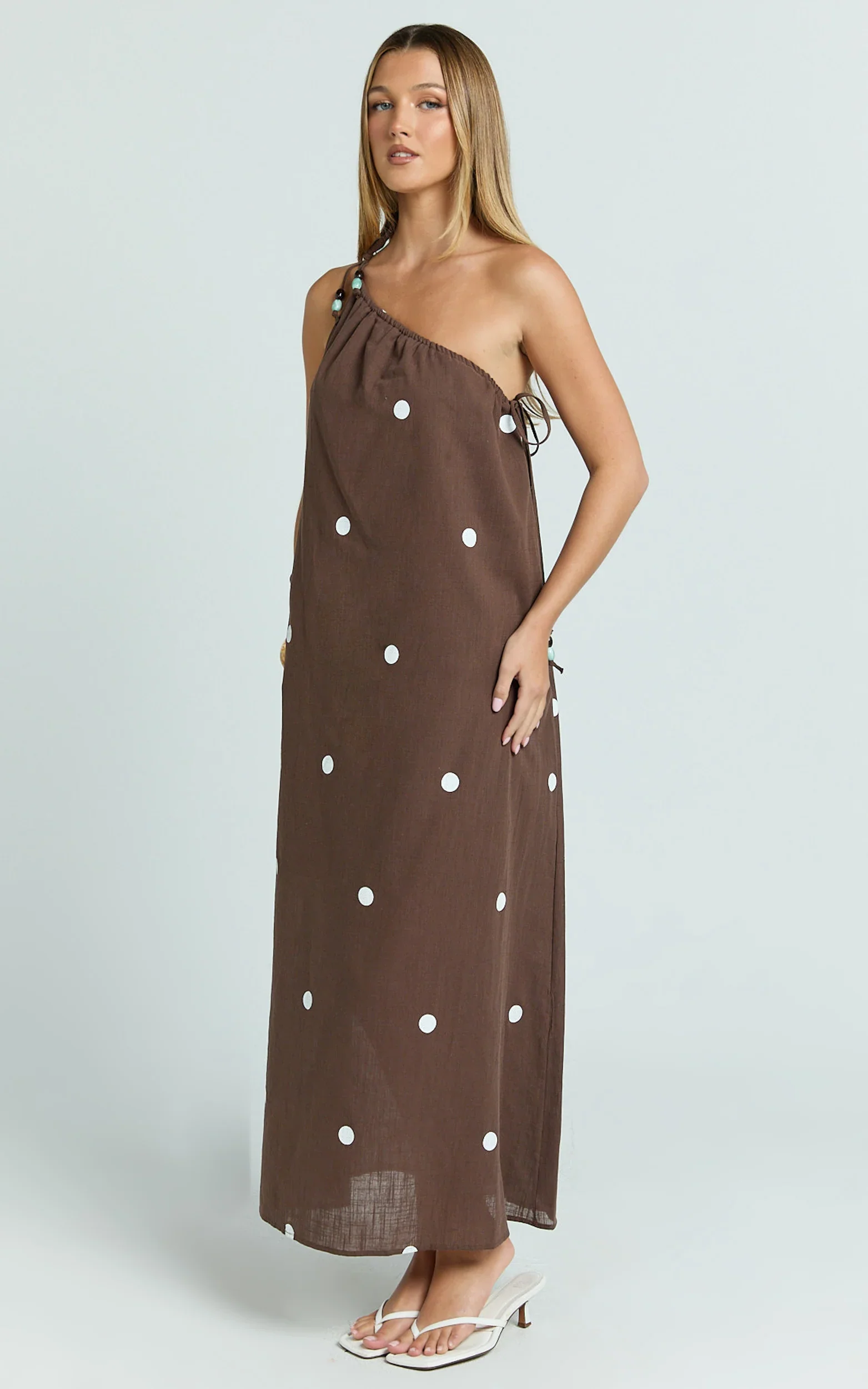 Gia Midi Dress - One Shoulder Dress in Chocolate Polka Dot