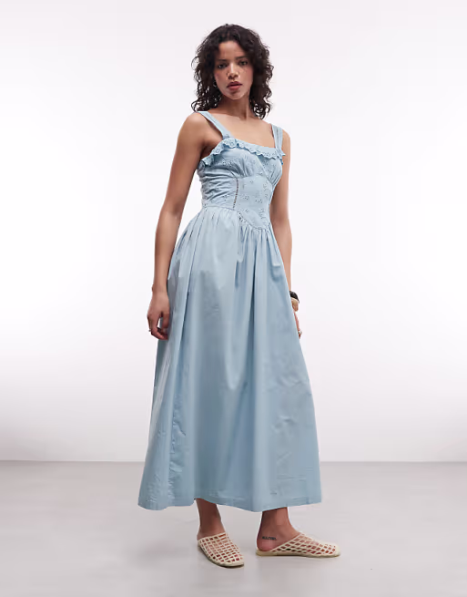 Reclaimed Vintage maxi summer dress with broderie seam and bust detail in blue