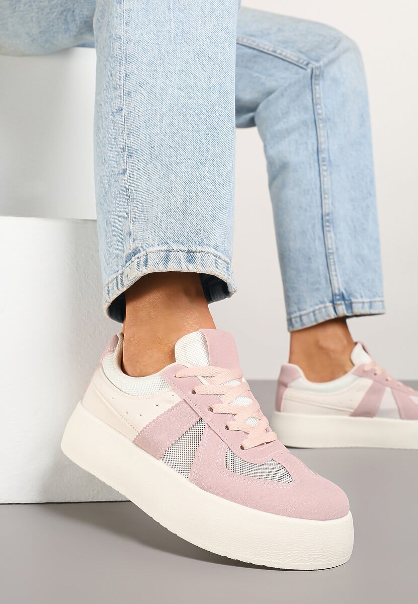 Beżowo-Bordowe Sneakersy Typu Kultowe Tenisówki na Grubej Podeszwie Nanessa