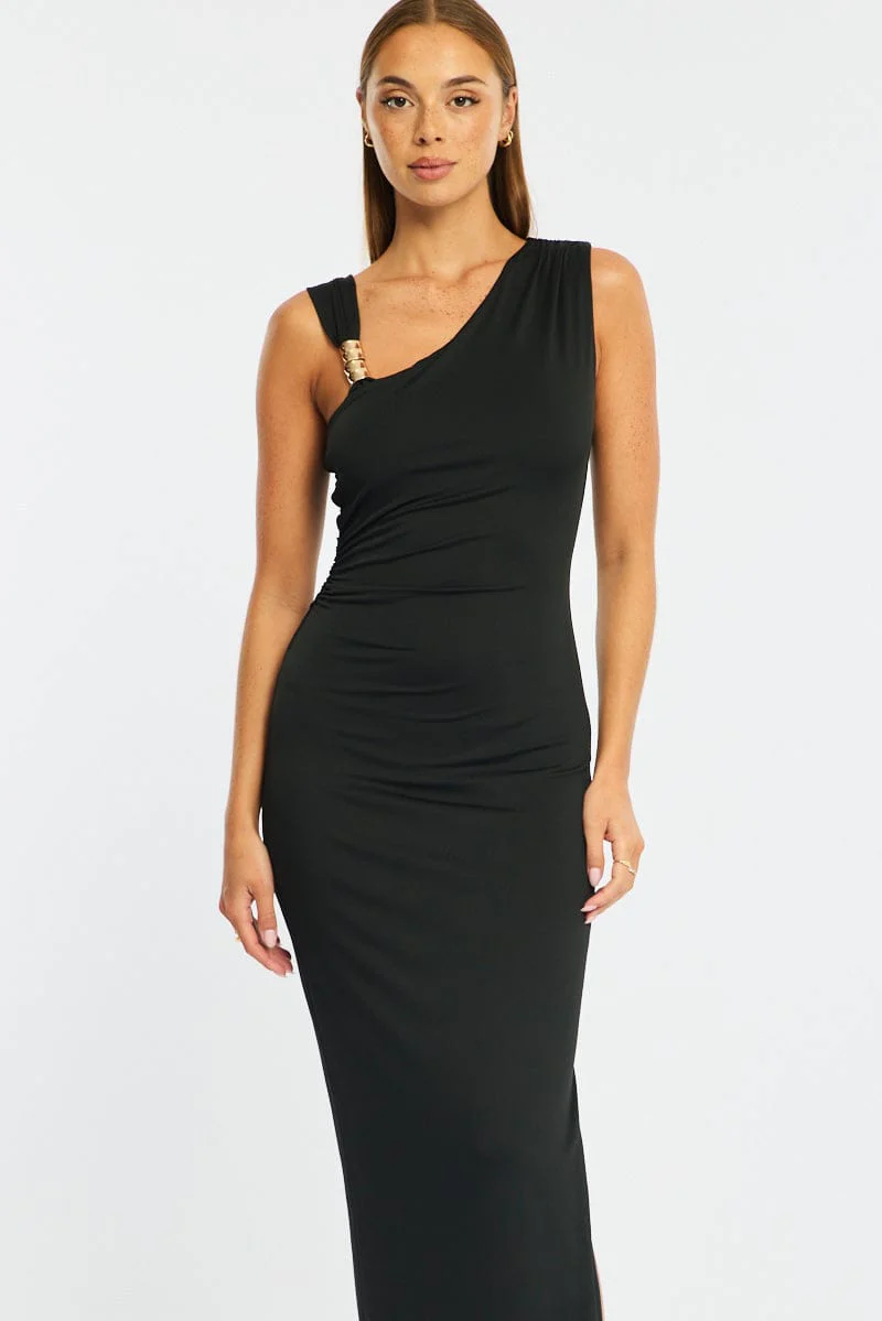 Black Maxi Dress One Shoulder Hard Wear Detail