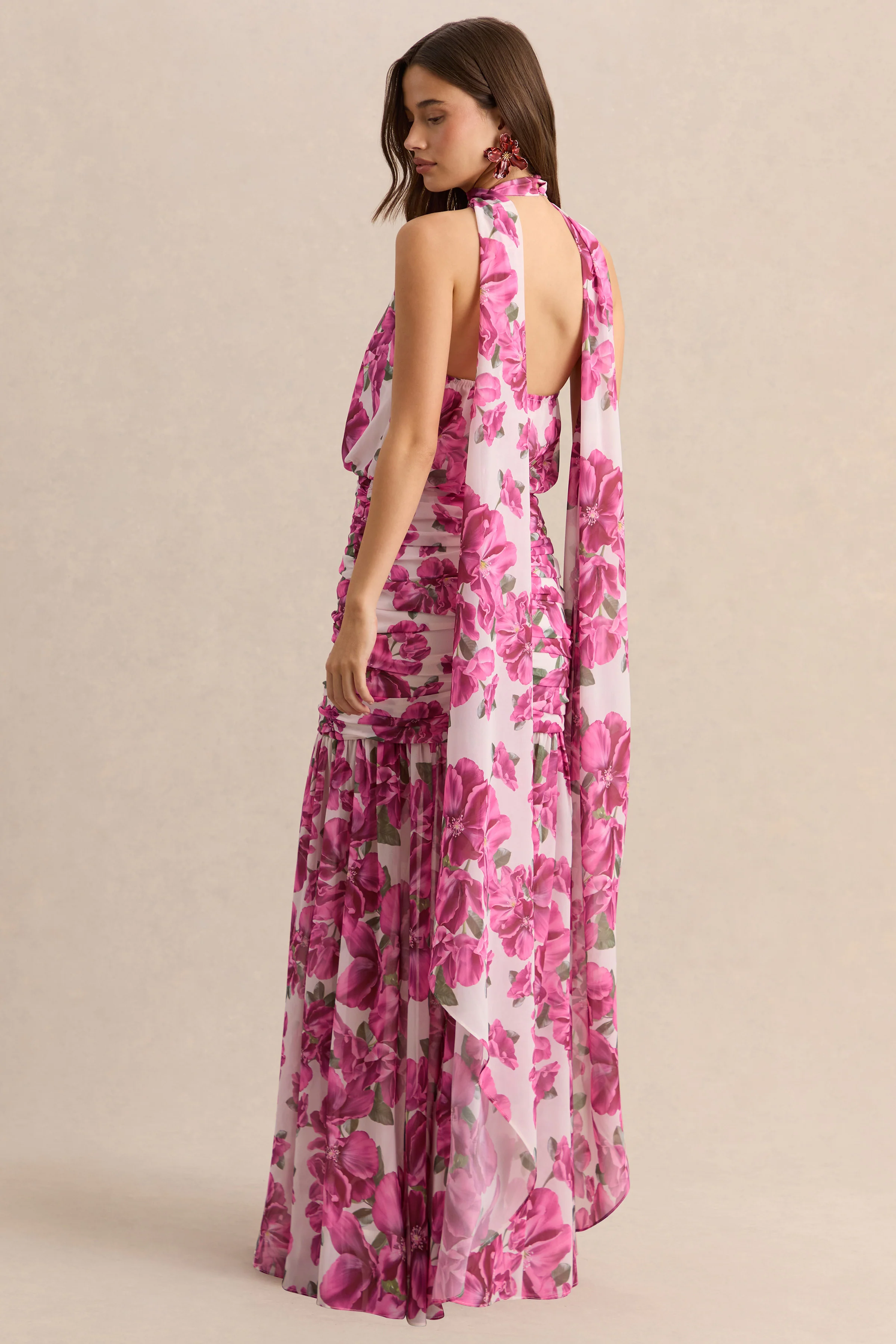 Veronique | Pink Hibiscus Floral Halter-Neck Maxi Dress