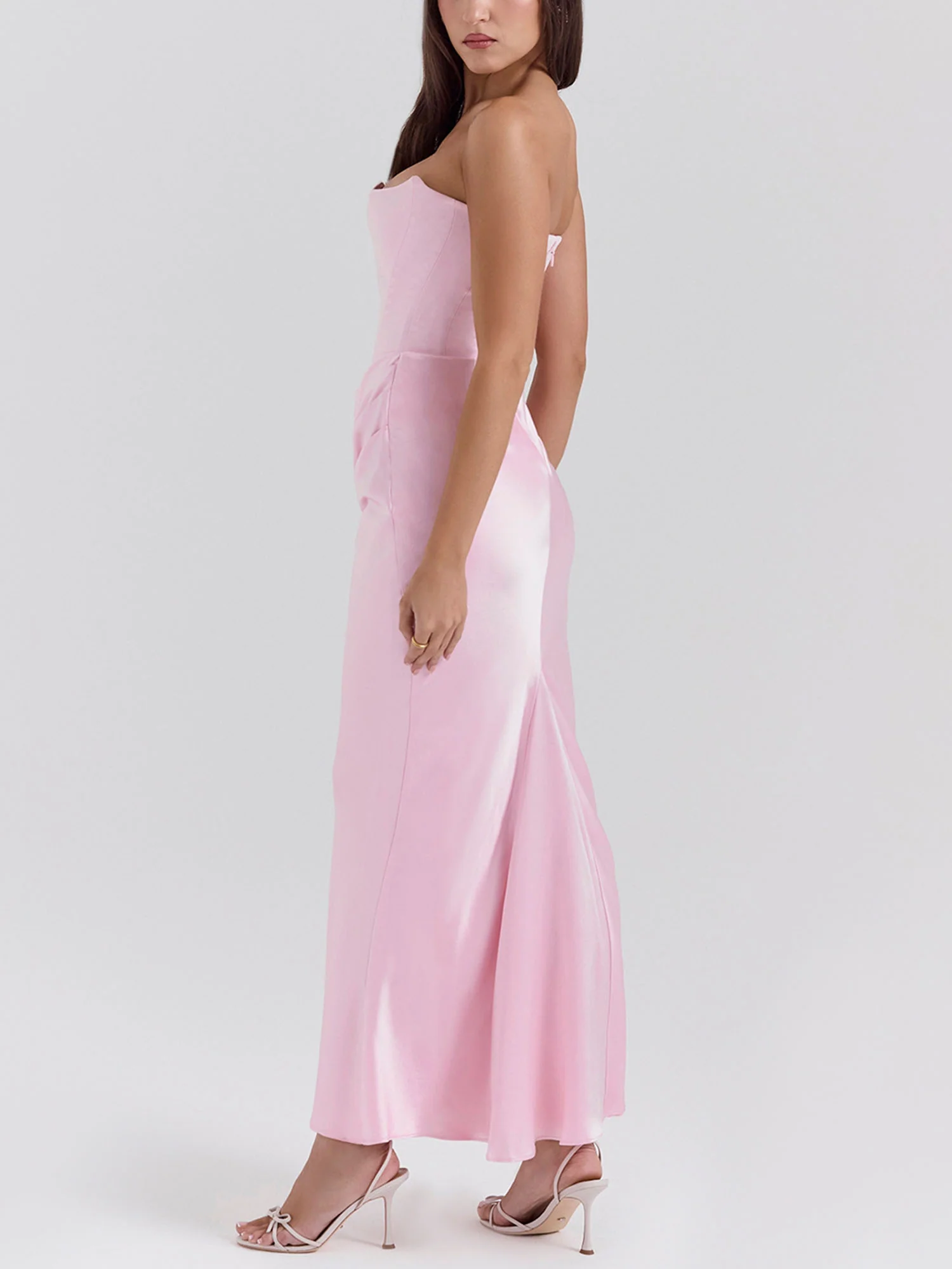 Pink Strapless Draped Bodycon Maxi Dress