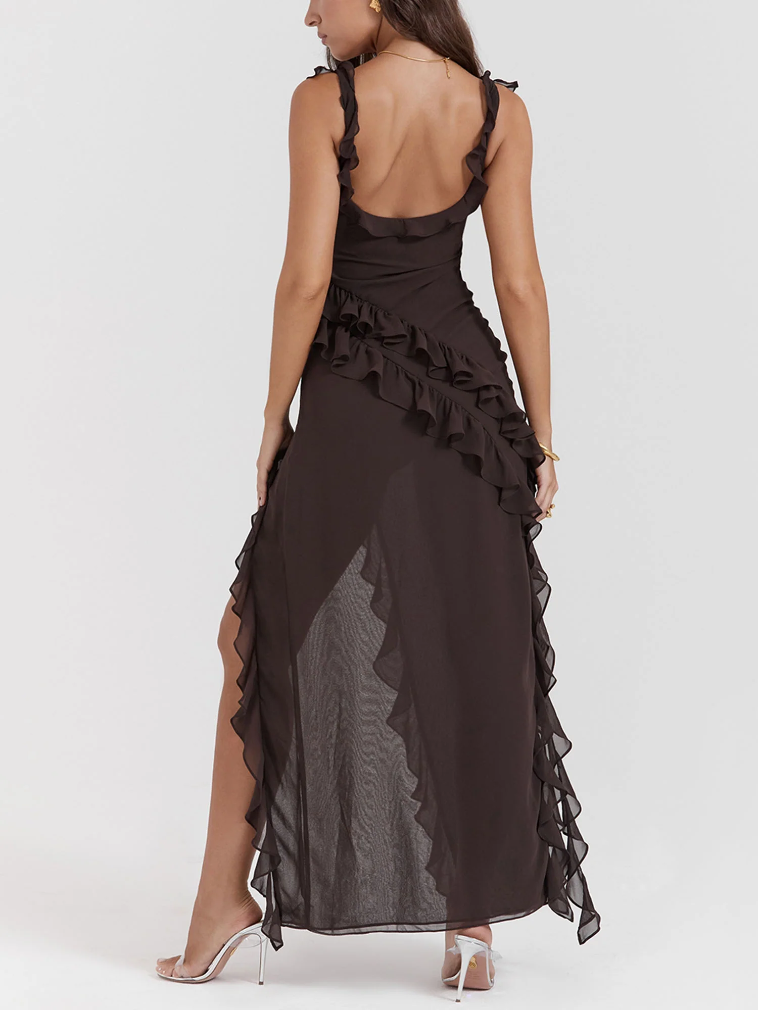 Brown Ruffled Cutout Maxi Dress with High Slit